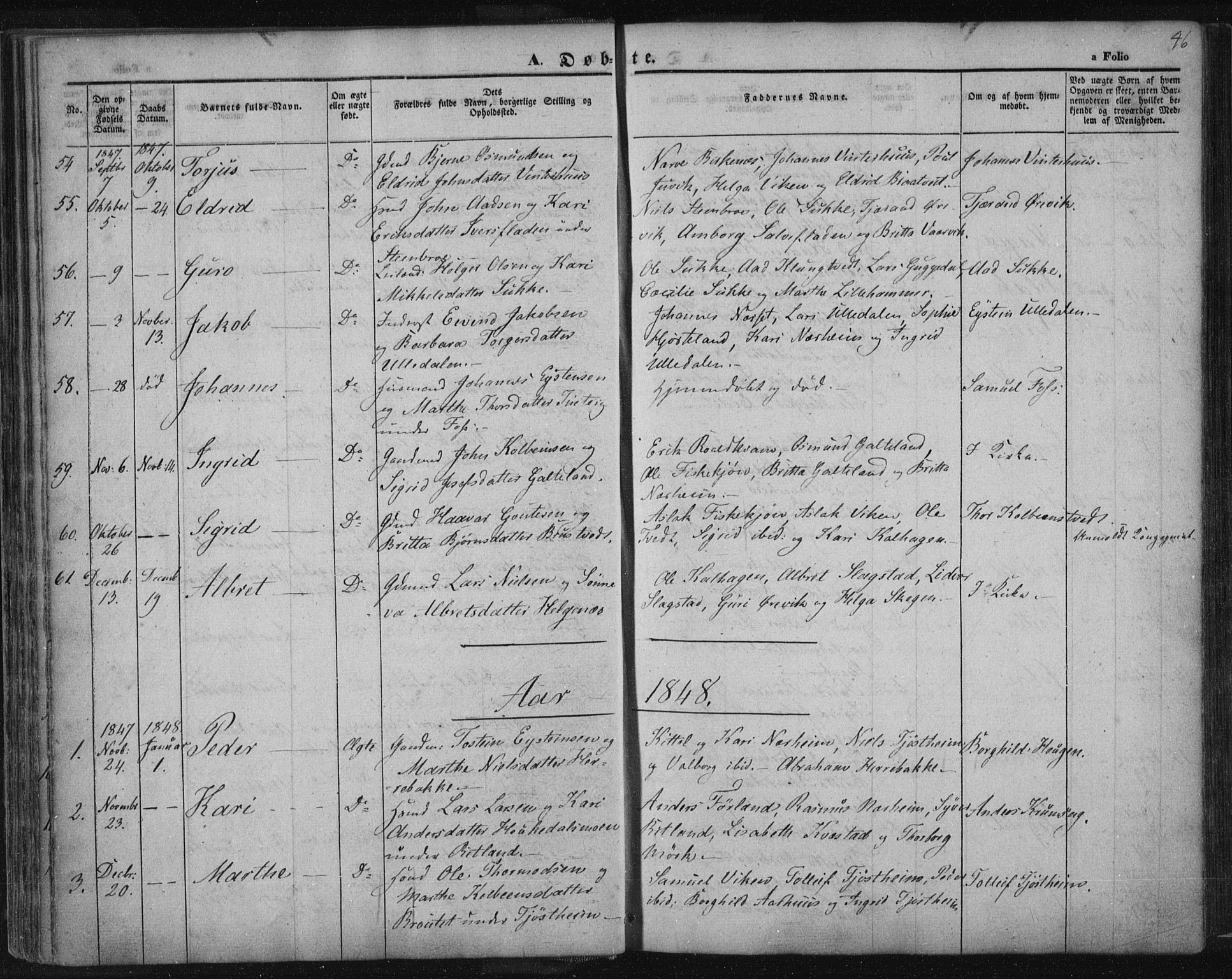 Suldal sokneprestkontor, AV/SAST-A-101845/01/IV/L0008: Parish register (official) no. A 8, 1836-1853, p. 46