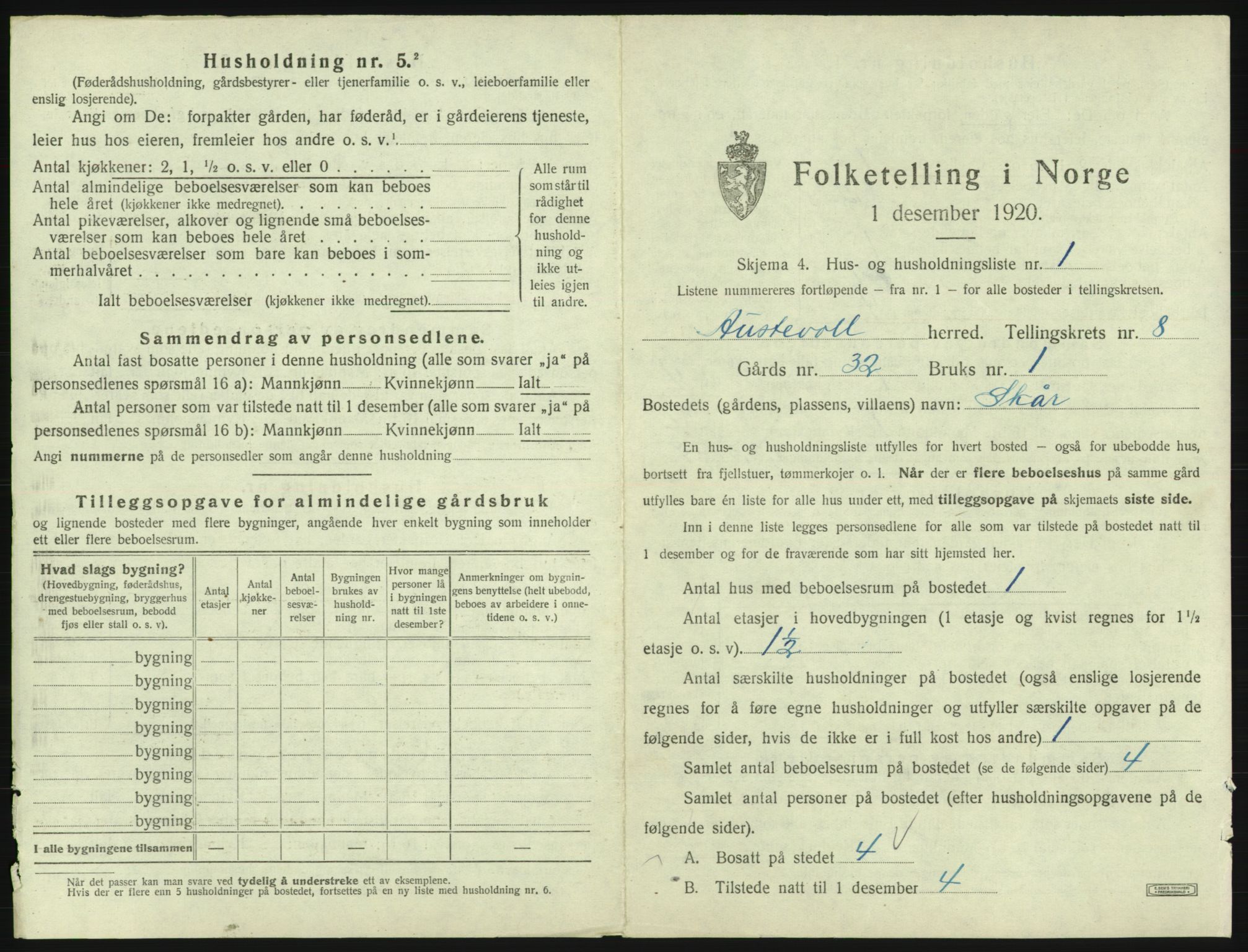 SAB, 1920 census for Austevoll, 1920, p. 480