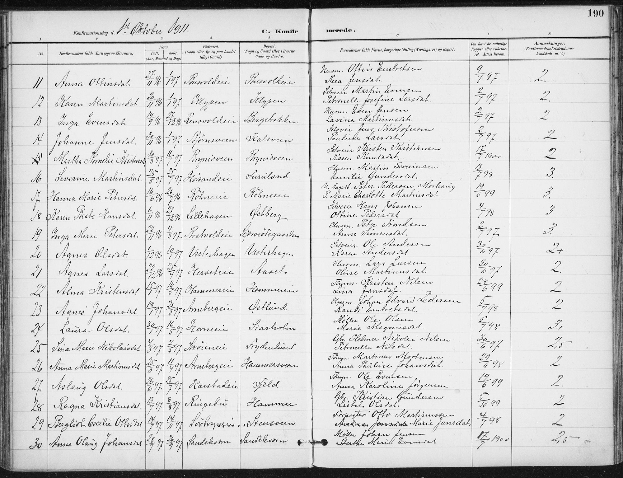Romedal prestekontor, AV/SAH-PREST-004/K/L0011: Parish register (official) no. 11, 1896-1912, p. 190