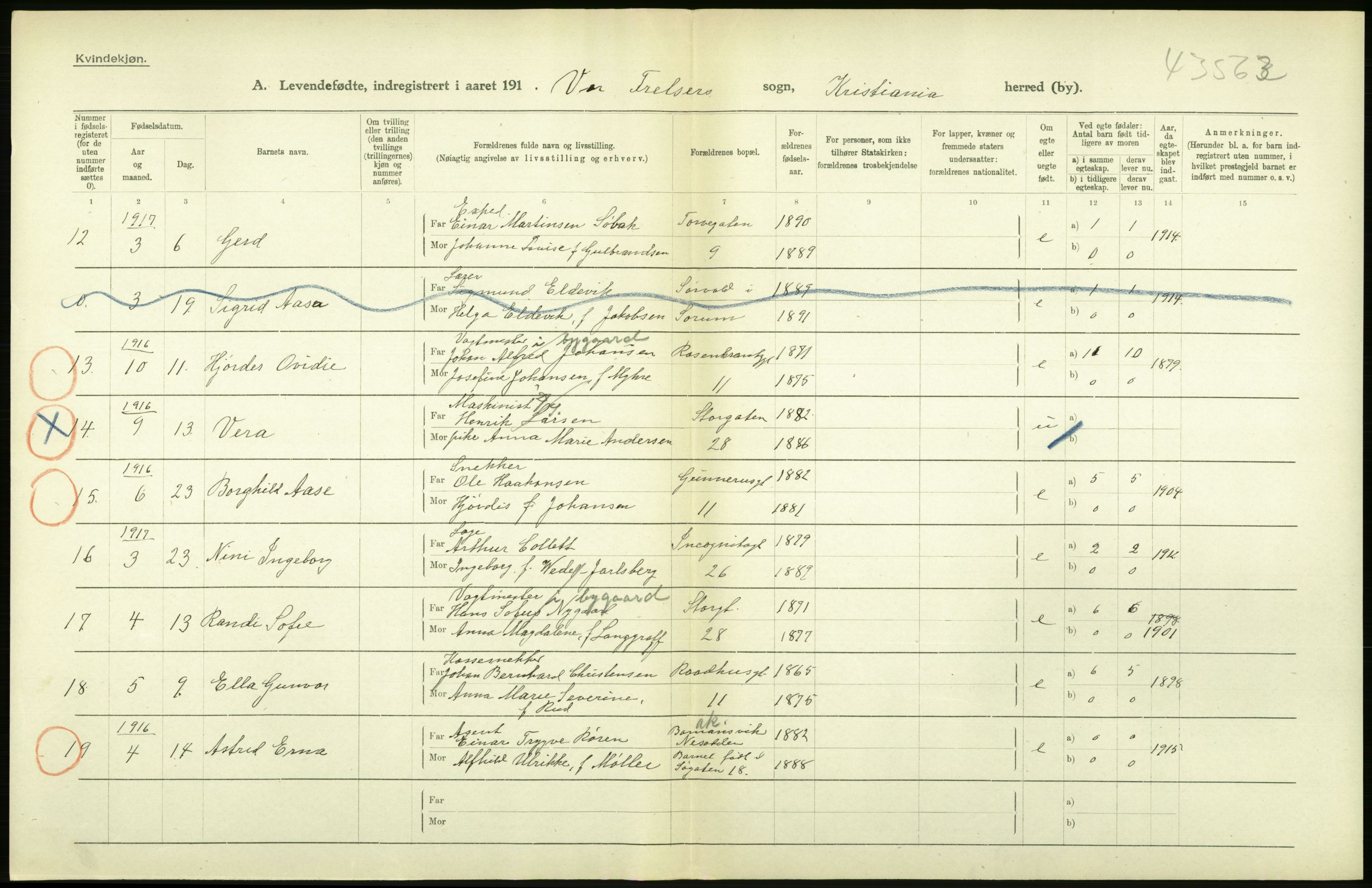 Statistisk sentralbyrå, Sosiodemografiske emner, Befolkning, AV/RA-S-2228/D/Df/Dfb/Dfbg/L0007: Kristiania: Levendefødte menn og kvinner., 1917, p. 34