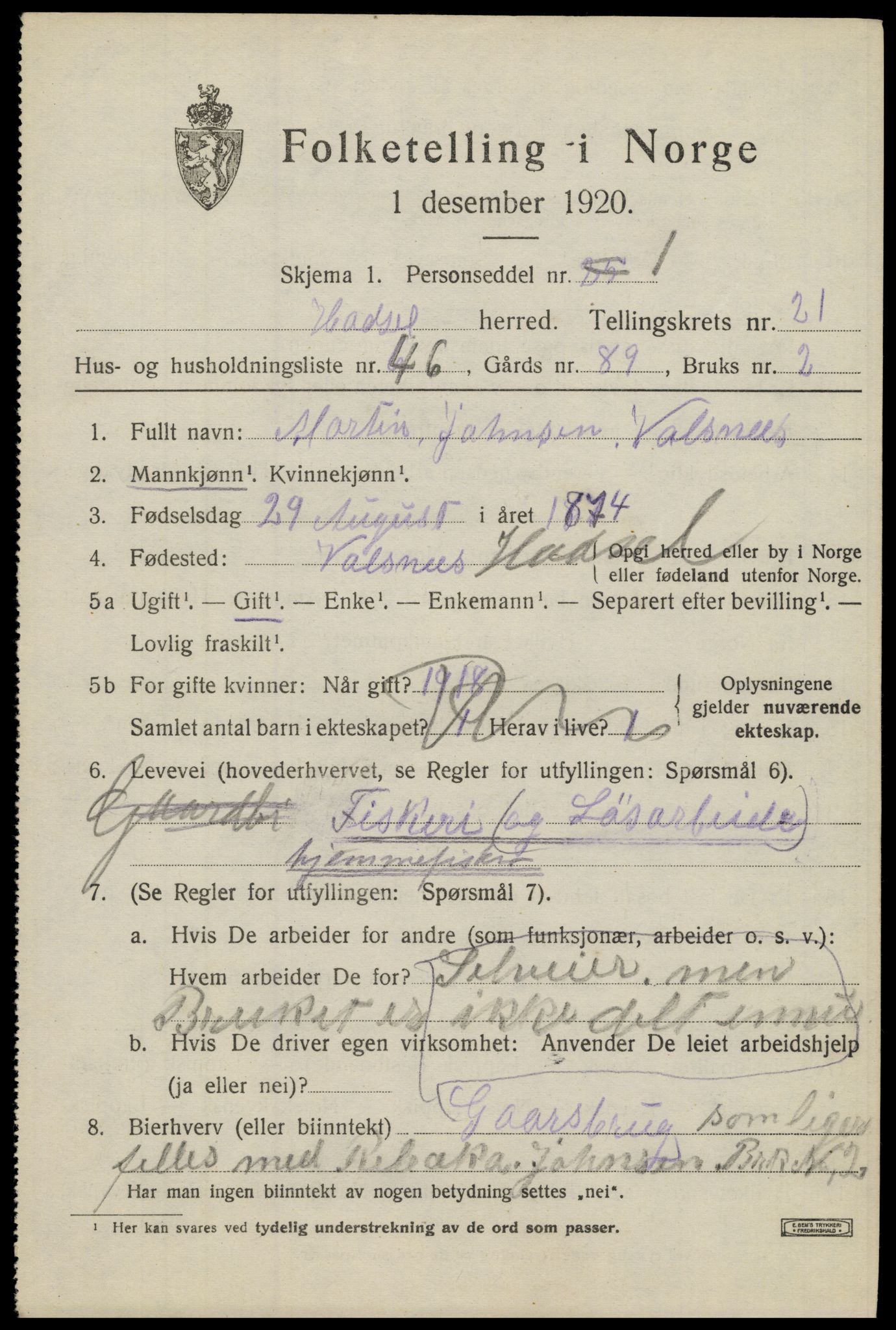 SAT, 1920 census for Hadsel, 1920, p. 19916