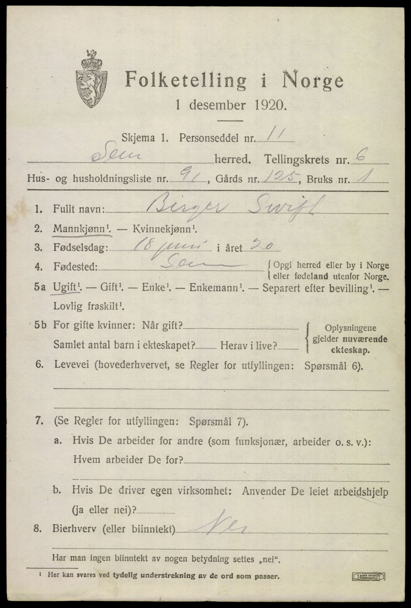 SAKO, 1920 census for Sem, 1920, p. 10309