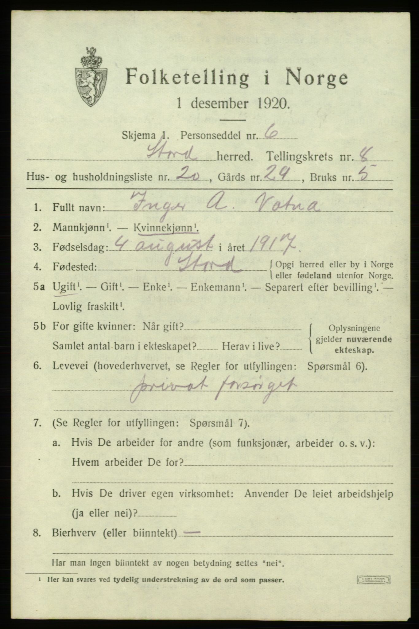 SAB, 1920 census for Stord, 1920, p. 4707