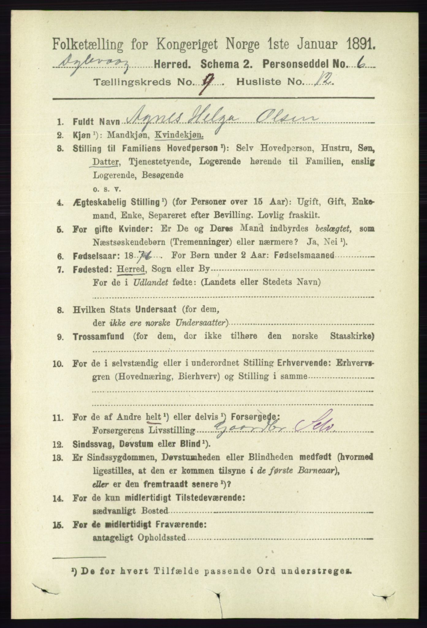 RA, 1891 census for 0915 Dypvåg, 1891, p. 3357