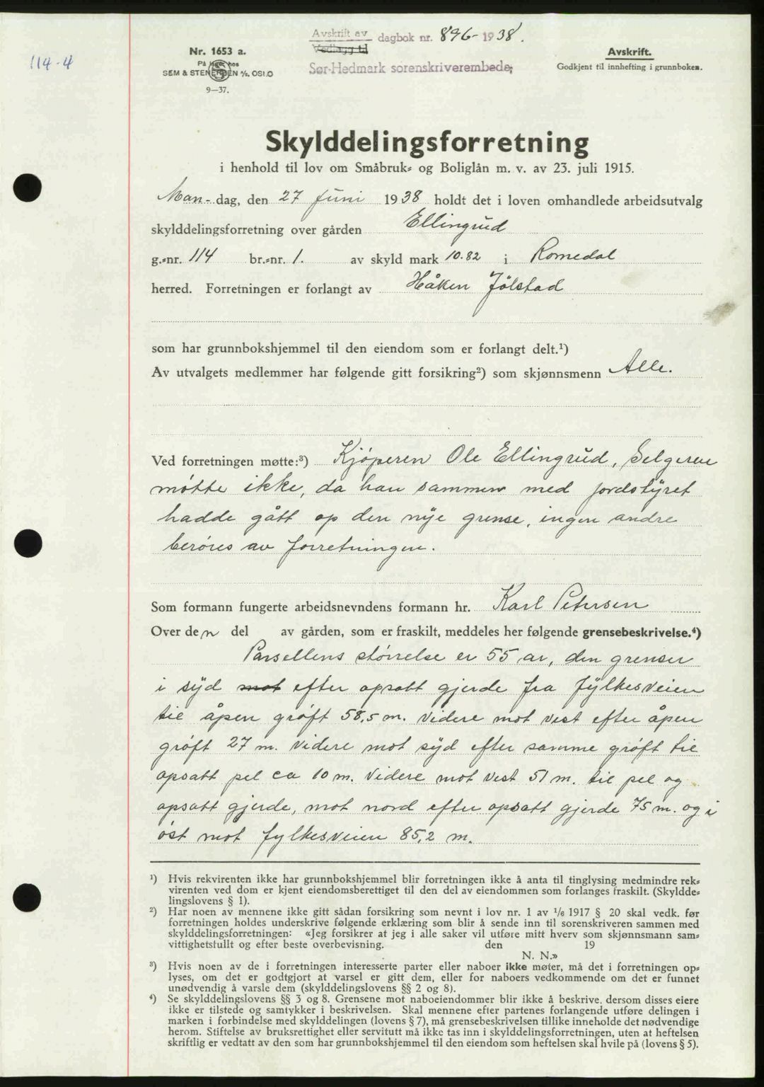 Sør-Hedmark sorenskriveri, AV/SAH-TING-014/H/Hb/Hbd/L0004: Mortgage book no. 4, 1938-1938, Diary no: : 896/1938