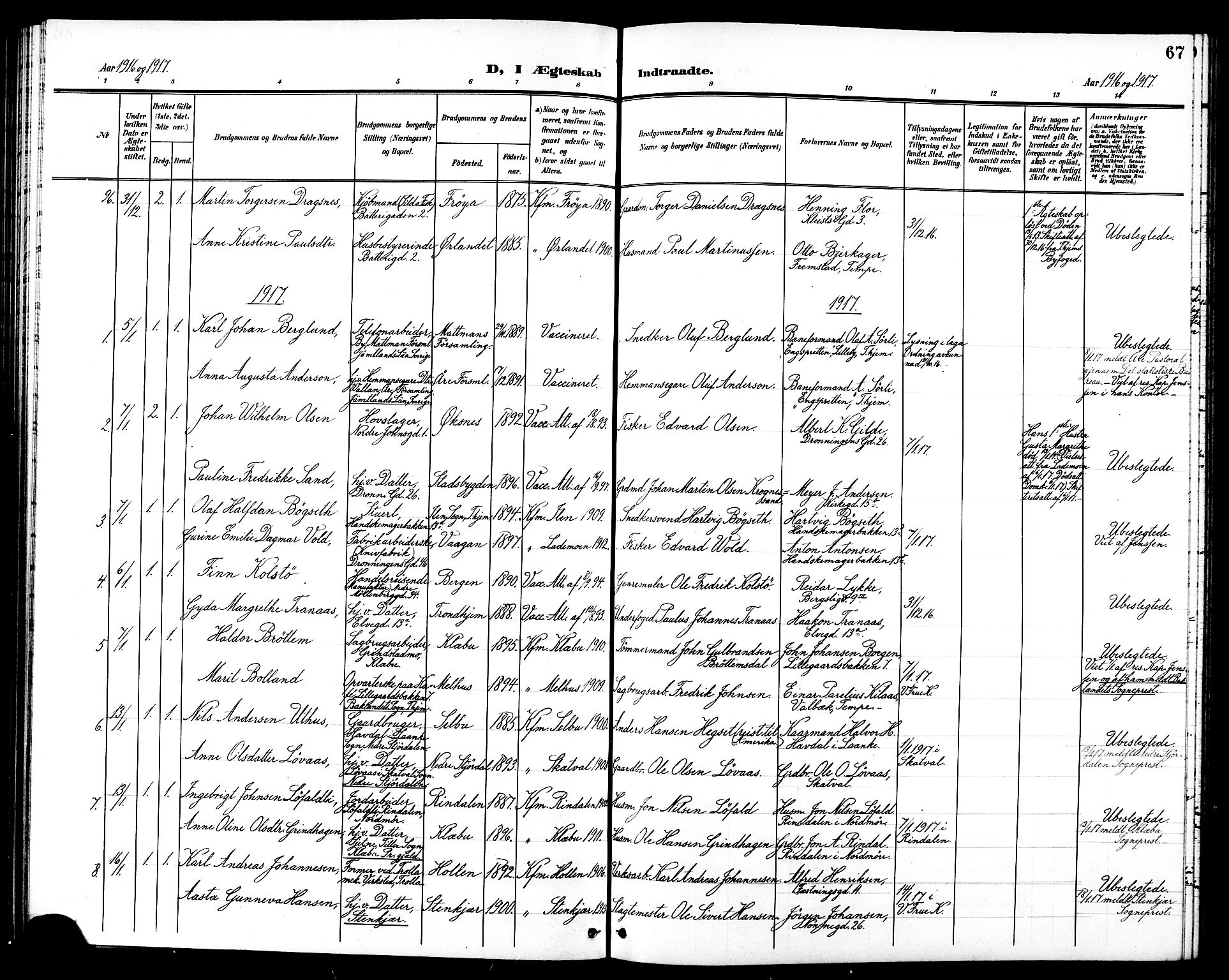 Ministerialprotokoller, klokkerbøker og fødselsregistre - Sør-Trøndelag, SAT/A-1456/602/L0145: Parish register (copy) no. 602C13, 1902-1919, p. 67