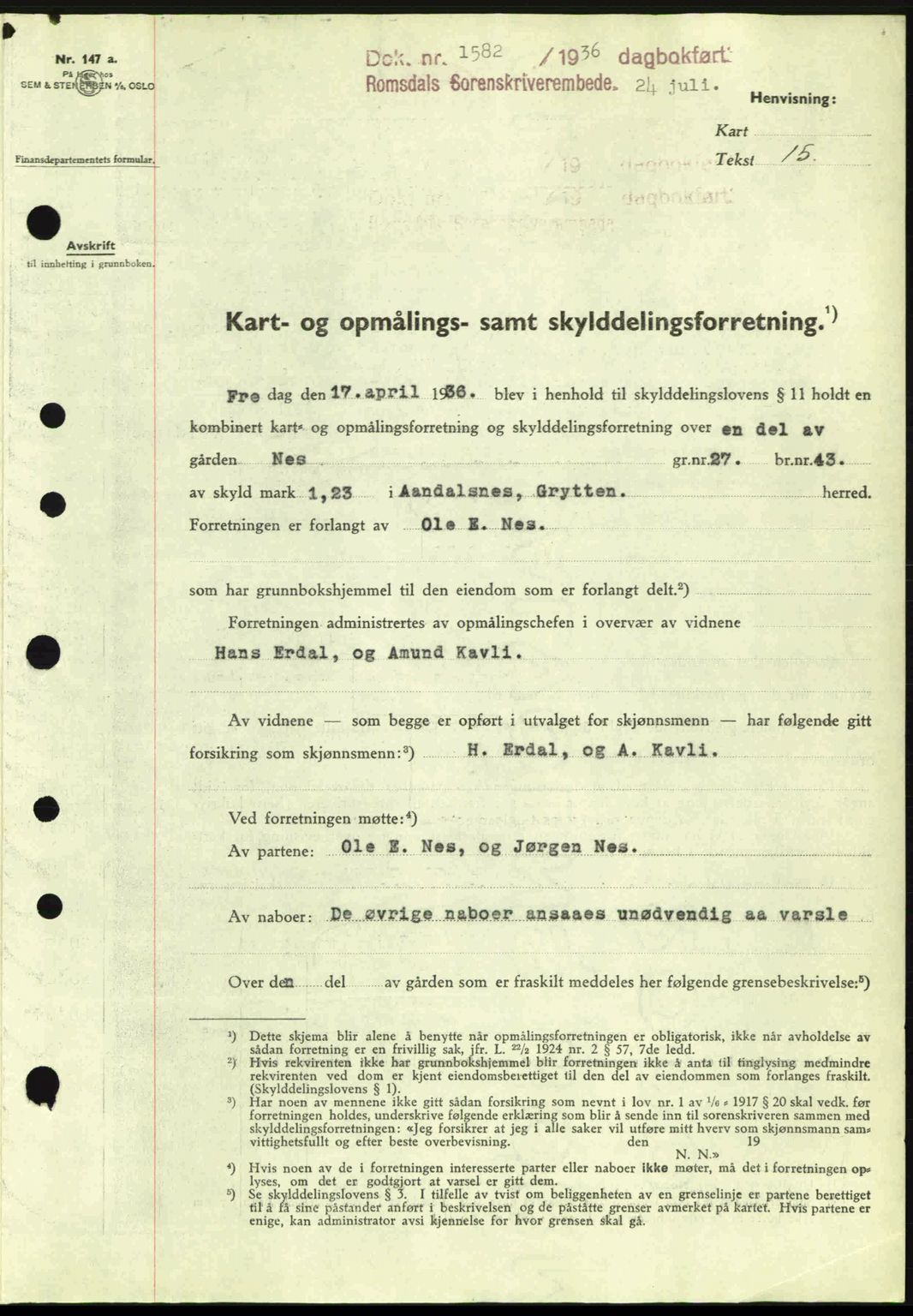 Romsdal sorenskriveri, AV/SAT-A-4149/1/2/2C: Mortgage book no. A1, 1936-1936, Diary no: : 1582/1936