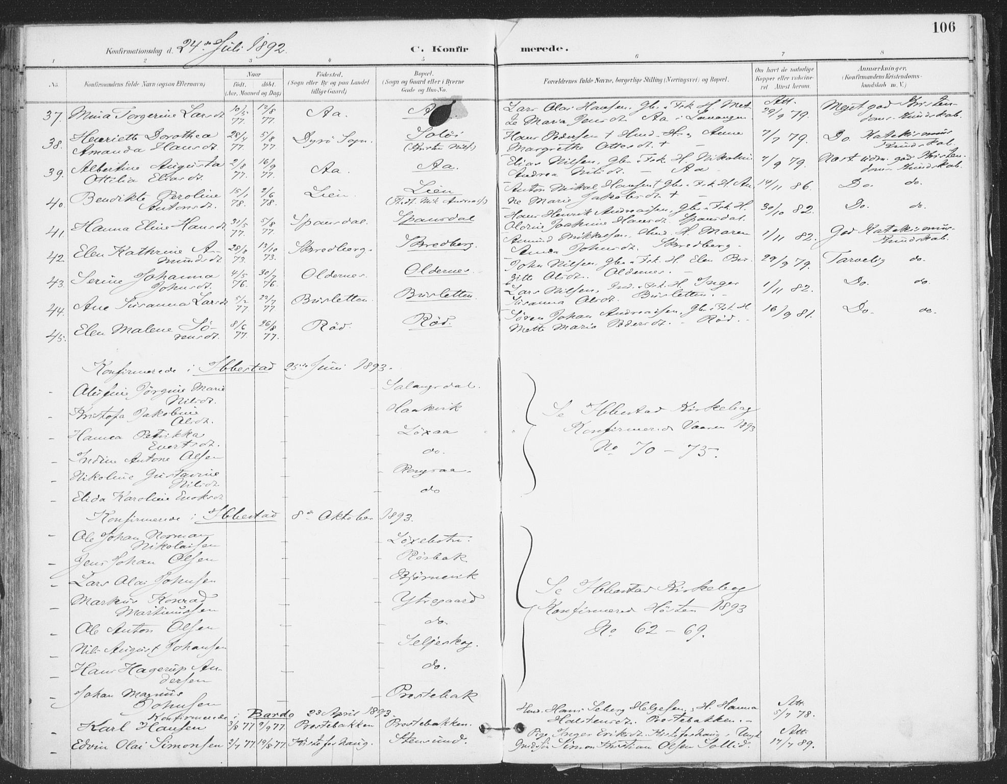 Ibestad sokneprestembete, AV/SATØ-S-0077/H/Ha/Haa/L0015kirke: Parish register (official) no. 15, 1888-1899, p. 106