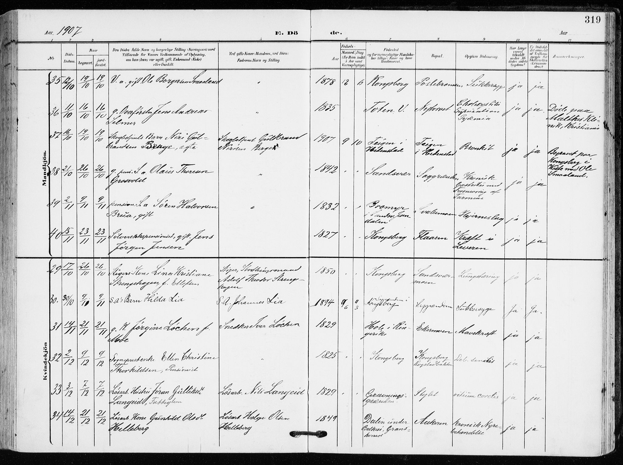 Kongsberg kirkebøker, AV/SAKO-A-22/F/Fb/L0004: Parish register (official) no. II 4, 1906-1918, p. 319