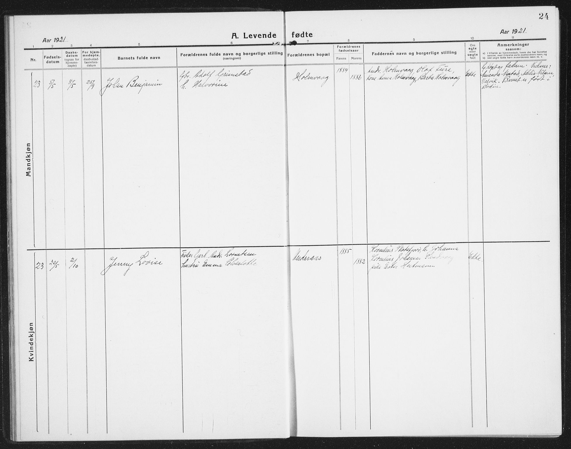 Ministerialprotokoller, klokkerbøker og fødselsregistre - Nordland, AV/SAT-A-1459/855/L0817: Parish register (copy) no. 855C06, 1917-1934, p. 24