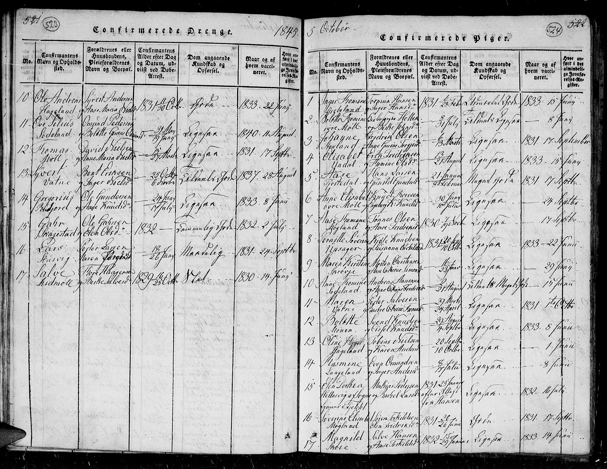 Holum sokneprestkontor, AV/SAK-1111-0022/F/Fb/Fba/L0002: Parish register (copy) no. B 2, 1820-1849, p. 523-524