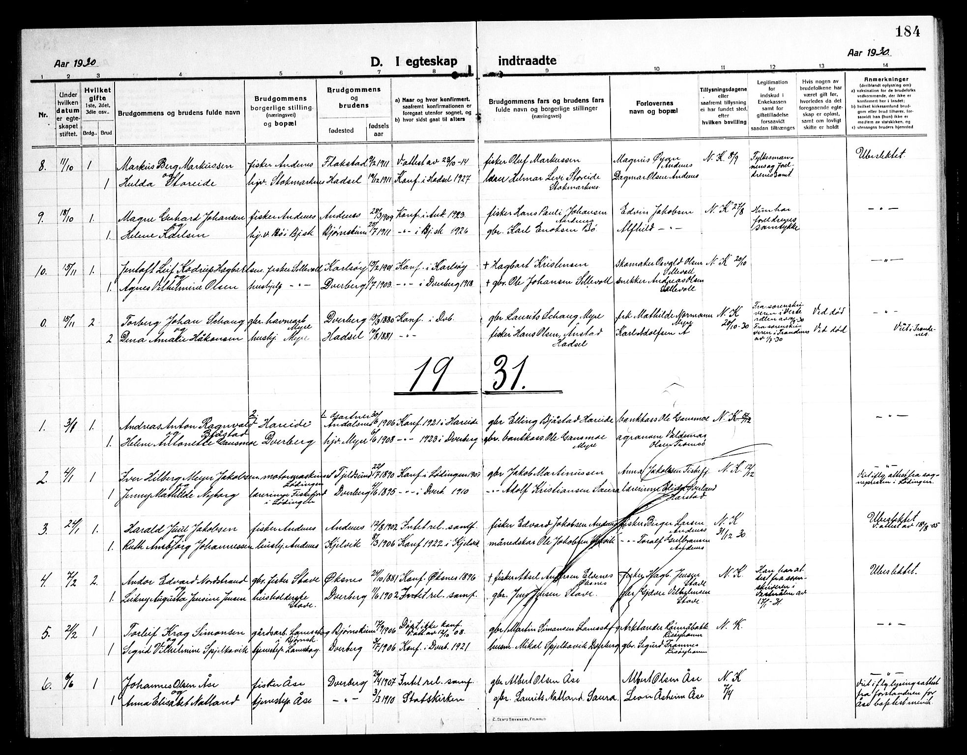 Ministerialprotokoller, klokkerbøker og fødselsregistre - Nordland, AV/SAT-A-1459/897/L1415: Parish register (copy) no. 897C05, 1916-1945, p. 184