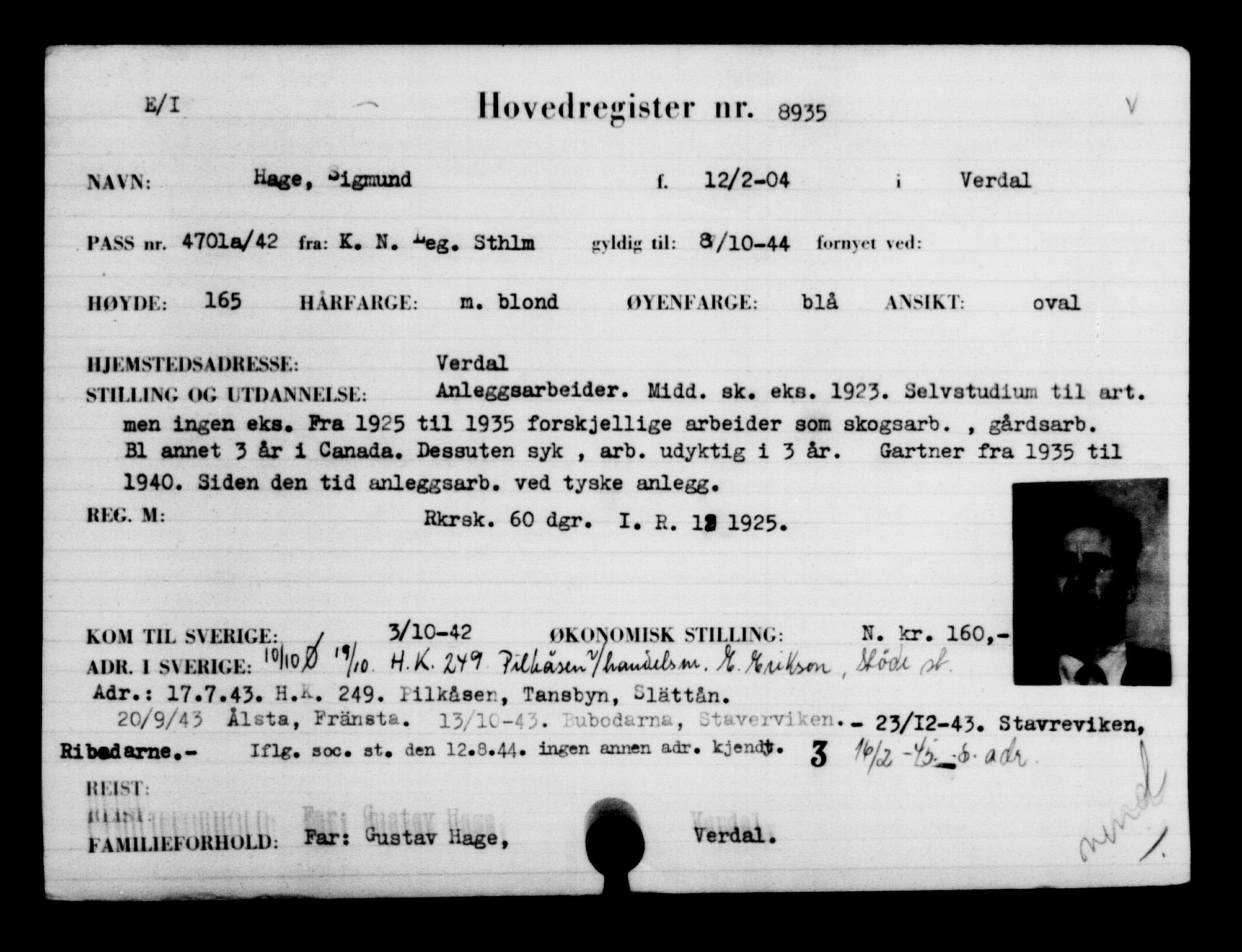 Utenriksstasjonene, Legasjonen i Stockholm, Flyktningkontoret, AV/RA-S-6753/V/Va/L0005: Kjesäterkartoteket, flyktninger med registreringsnr. 6600-9417, 1940-1945, p. 2742