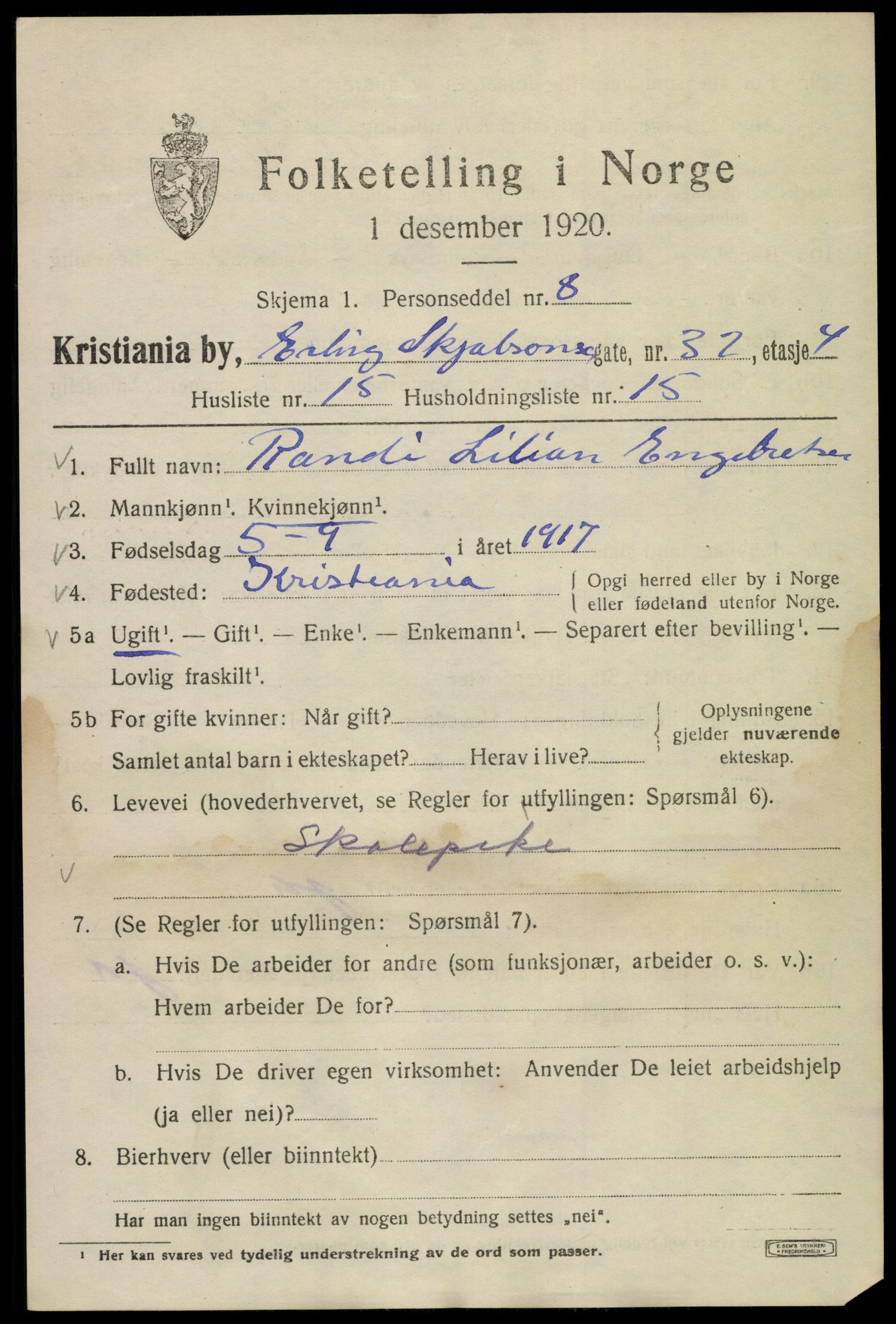 SAO, 1920 census for Kristiania, 1920, p. 222883