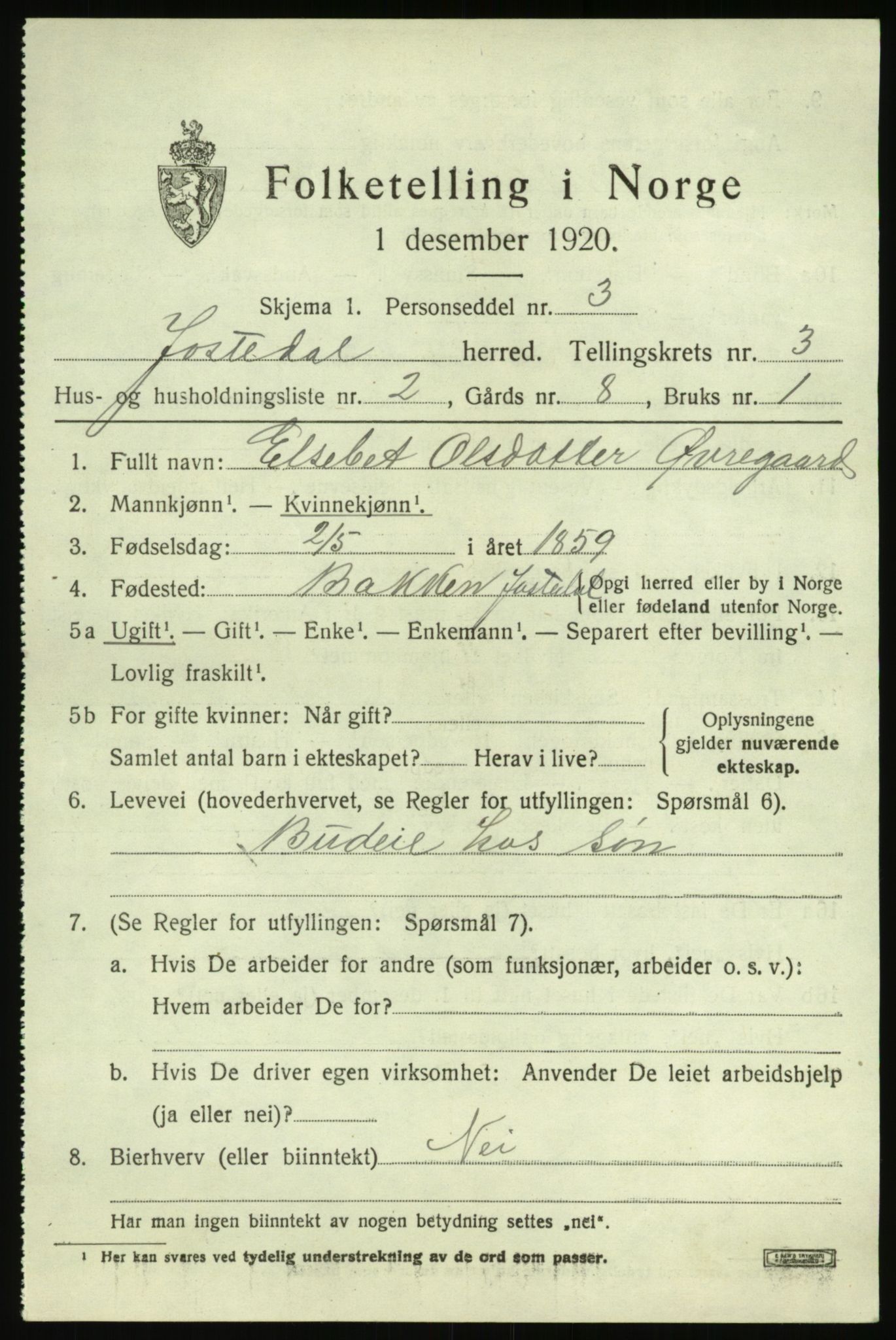 SAB, 1920 census for Jostedal, 1920, p. 1080