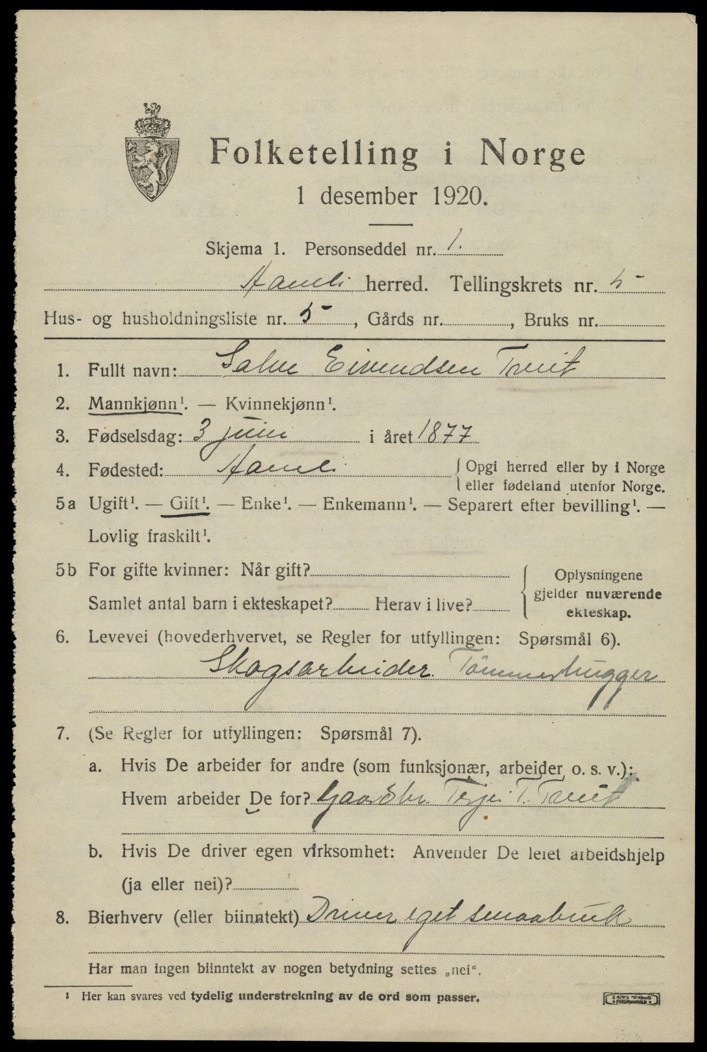 SAK, 1920 census for Åmli, 1920, p. 2325