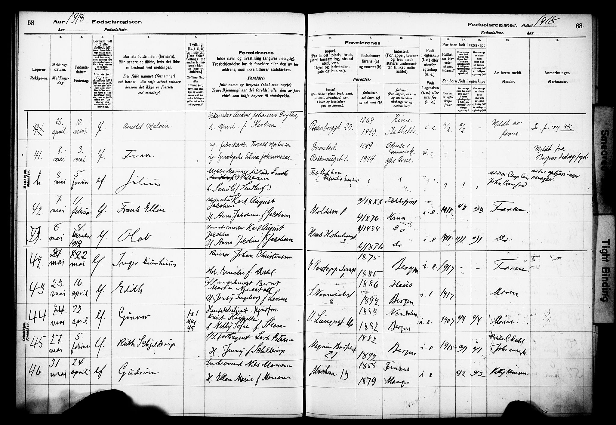 Domkirken sokneprestembete, AV/SAB-A-74801/I/Id/L00A1: Birth register no. A 1, 1916-1923, p. 68