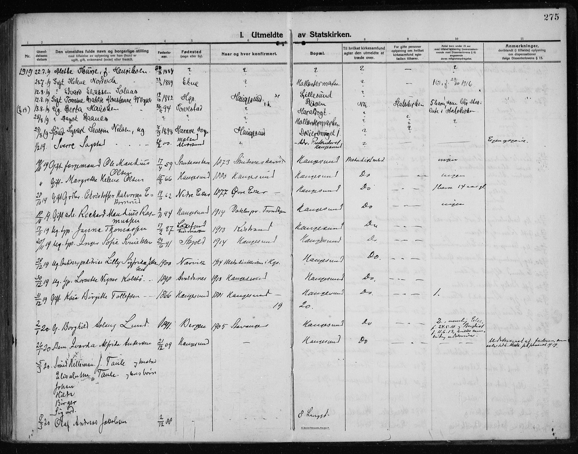 Haugesund sokneprestkontor, AV/SAST-A -101863/H/Ha/Haa/L0009: Parish register (official) no. A 9, 1914-1929, p. 275