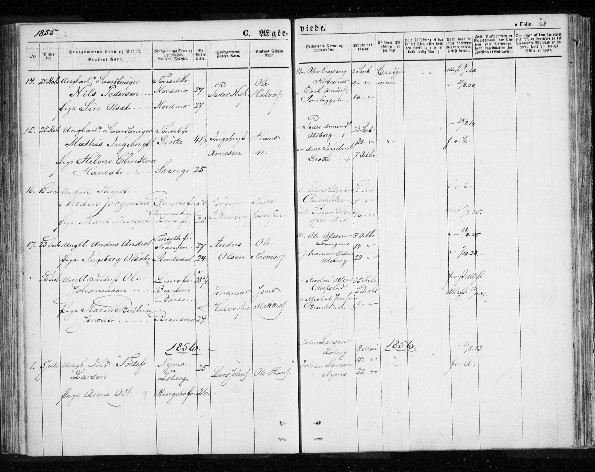 Målselv sokneprestembete, SATØ/S-1311/G/Ga/Gaa/L0003kirke: Parish register (official) no. 3, 1853-1863, p. 168