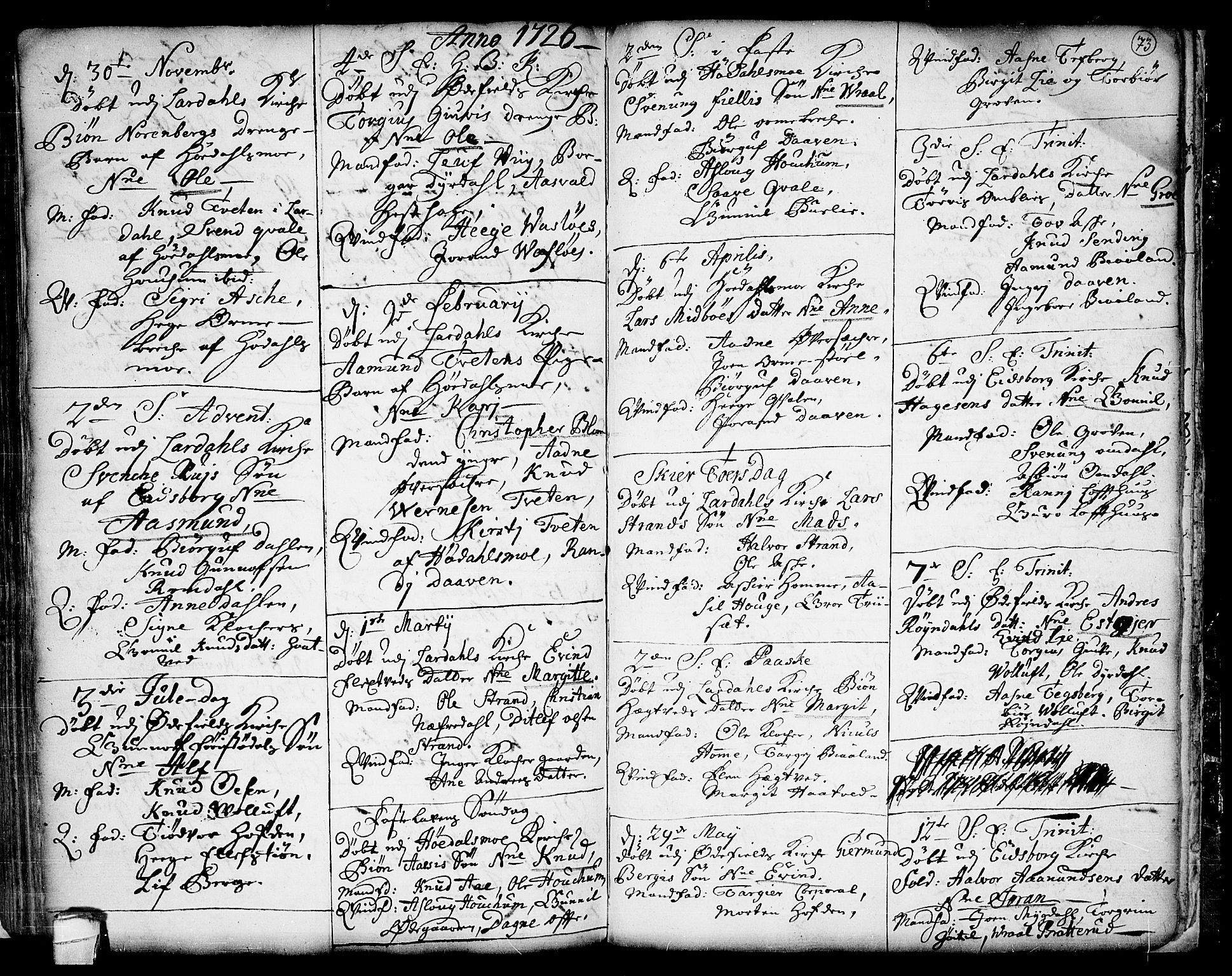 Lårdal kirkebøker, SAKO/A-284/F/Fa/L0001: Parish register (official) no. I 1, 1721-1734, p. 73