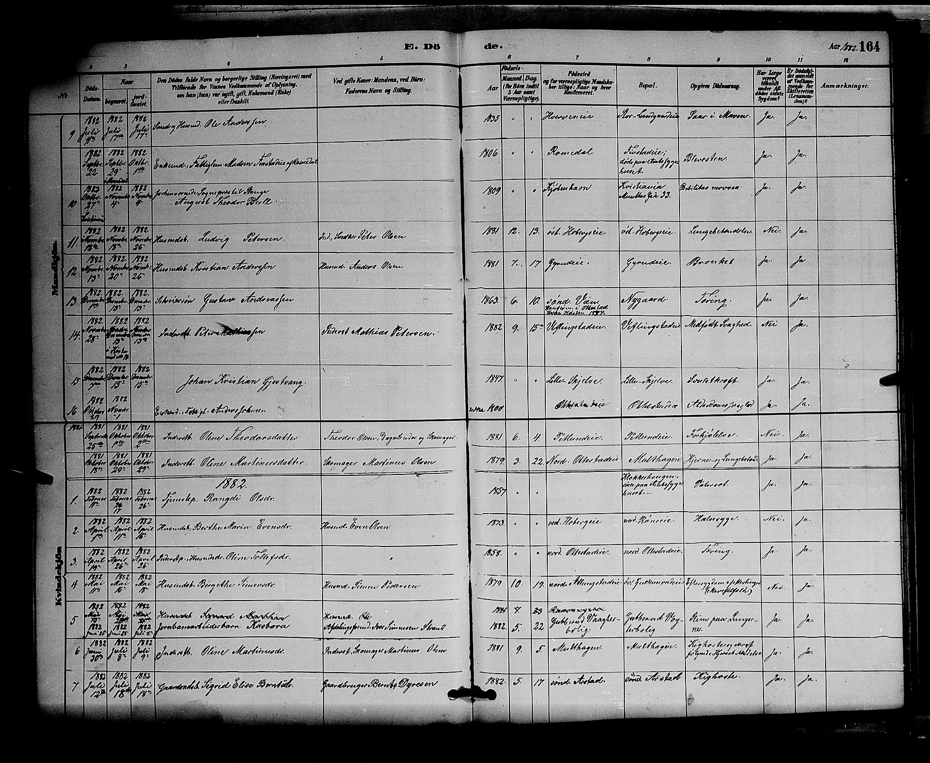 Stange prestekontor, AV/SAH-PREST-002/L/L0007: Parish register (copy) no. 7, 1880-1893, p. 164