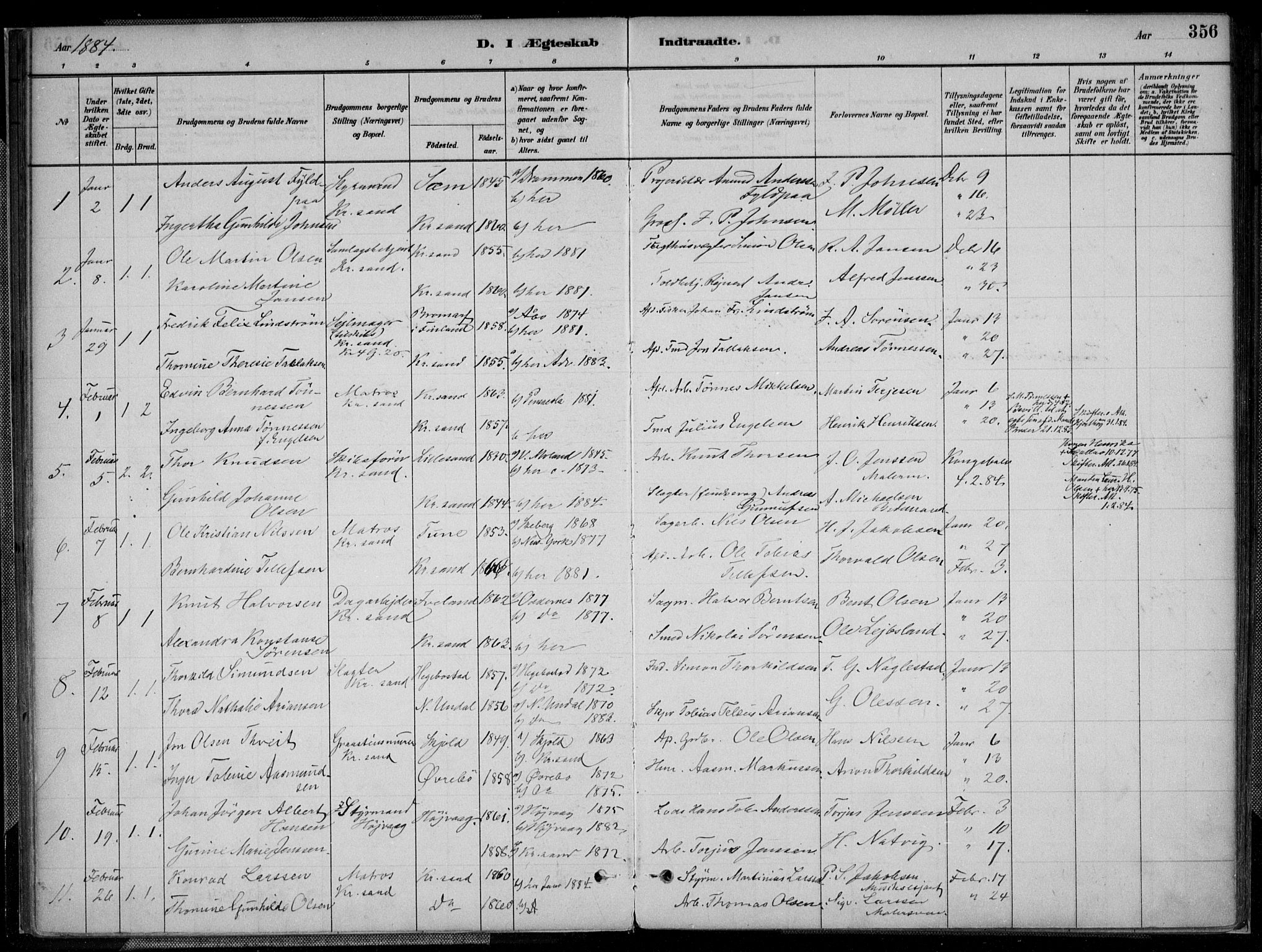 Kristiansand domprosti, SAK/1112-0006/F/Fa/L0017: Parish register (official) no. A 16B, 1880-1890, p. 356