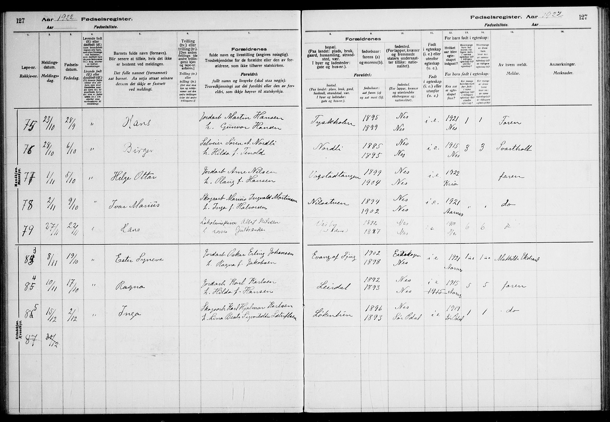 Nes prestekontor Kirkebøker, AV/SAO-A-10410/J/Ja/L0001: Birth register no. 1, 1916-1926, p. 127