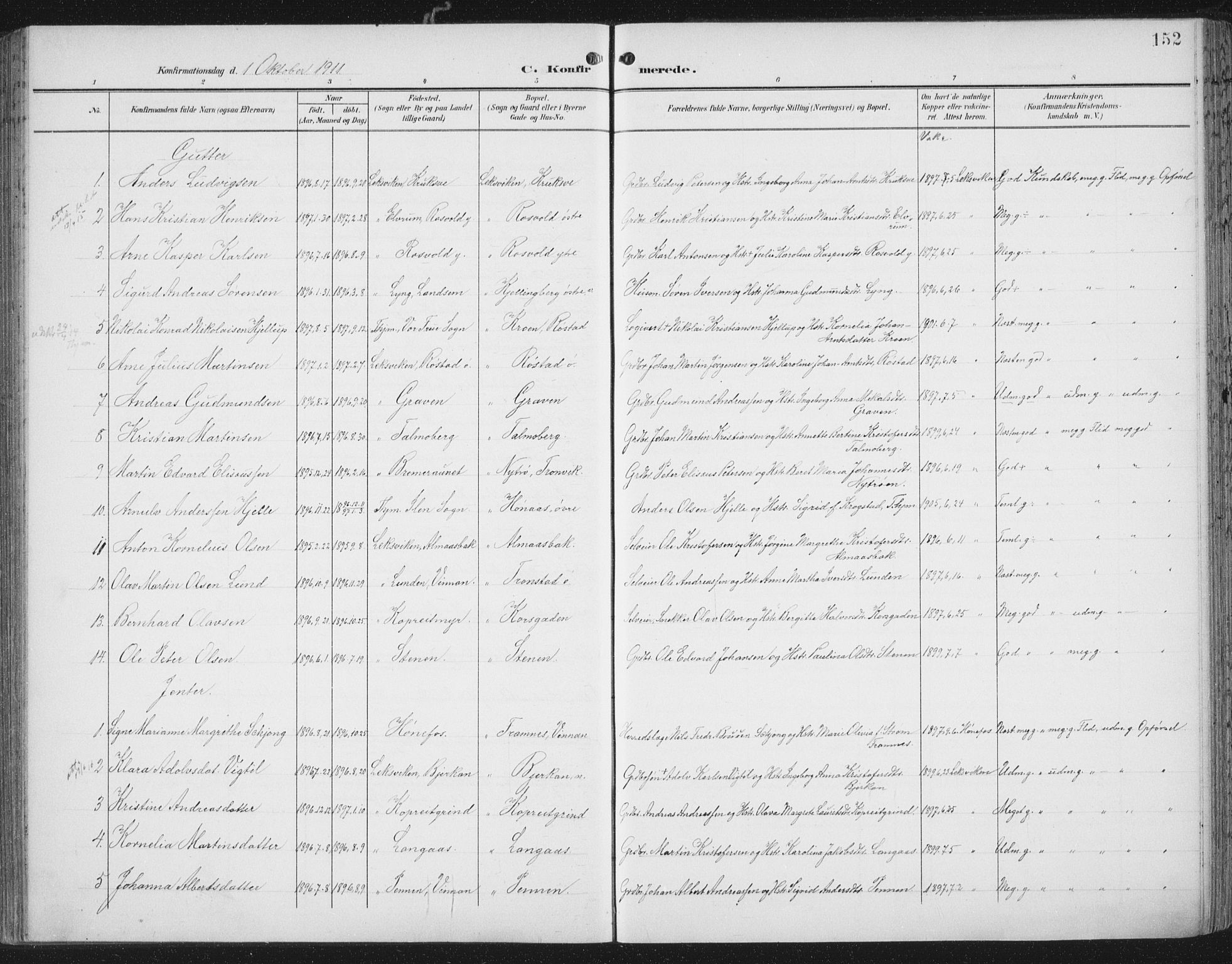 Ministerialprotokoller, klokkerbøker og fødselsregistre - Nord-Trøndelag, SAT/A-1458/701/L0011: Parish register (official) no. 701A11, 1899-1915, p. 152