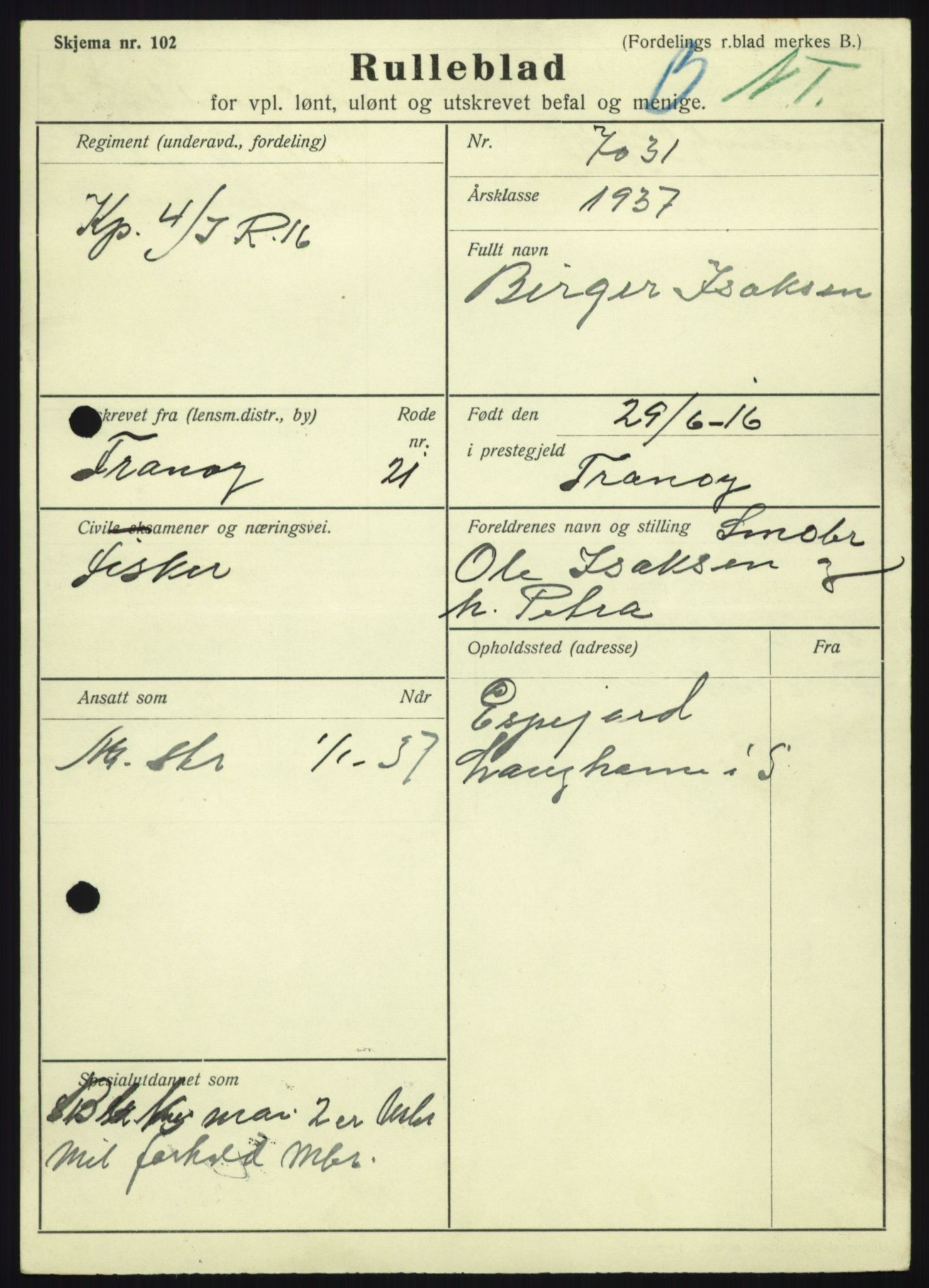 Forsvaret, Troms infanteriregiment nr. 16, AV/RA-RAFA-3146/P/Pa/L0021: Rulleblad for regimentets menige mannskaper, årsklasse 1937, 1937, p. 409