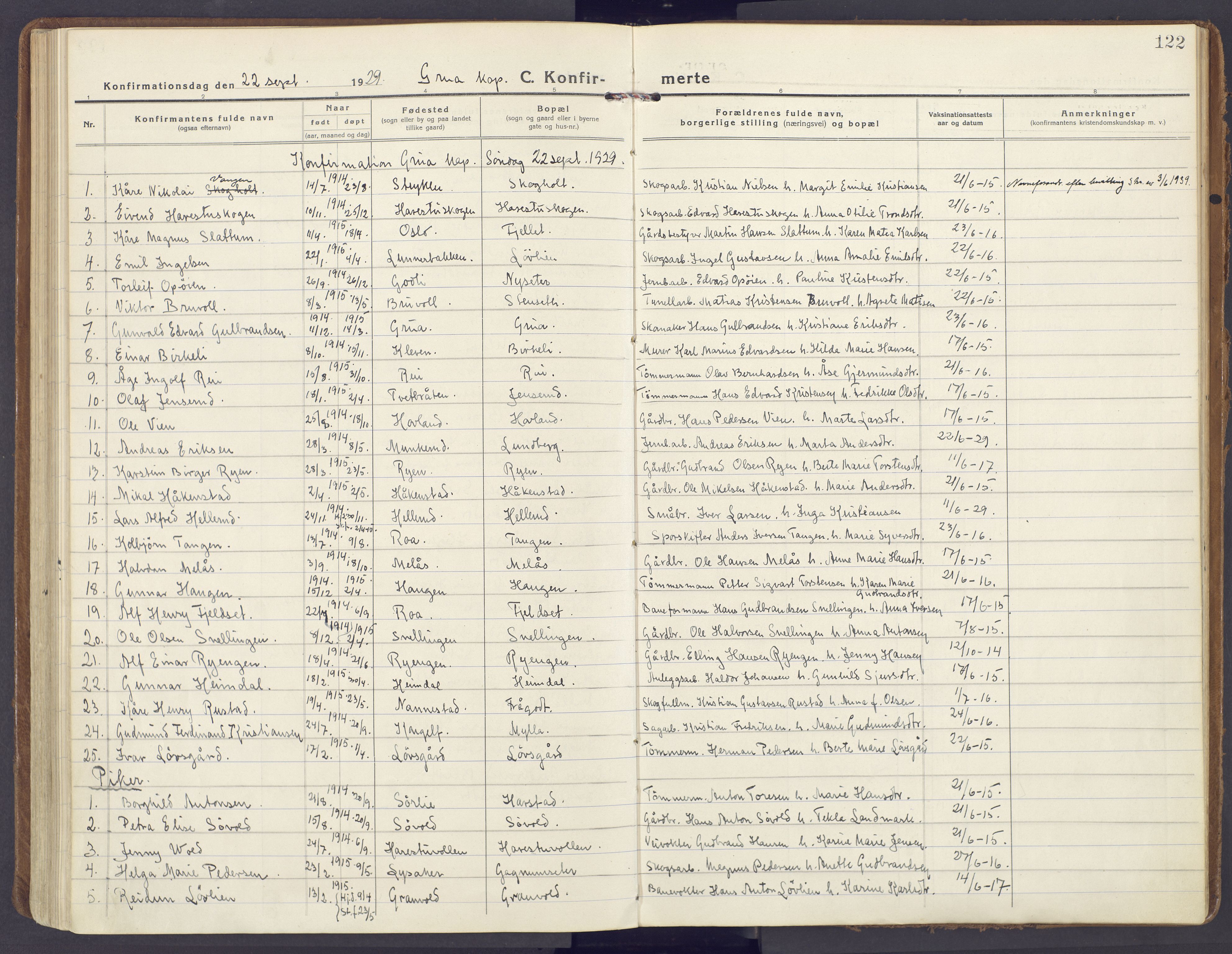 Lunner prestekontor, AV/SAH-PREST-118/H/Ha/Haa/L0002: Parish register (official) no. 2, 1922-1931, p. 122