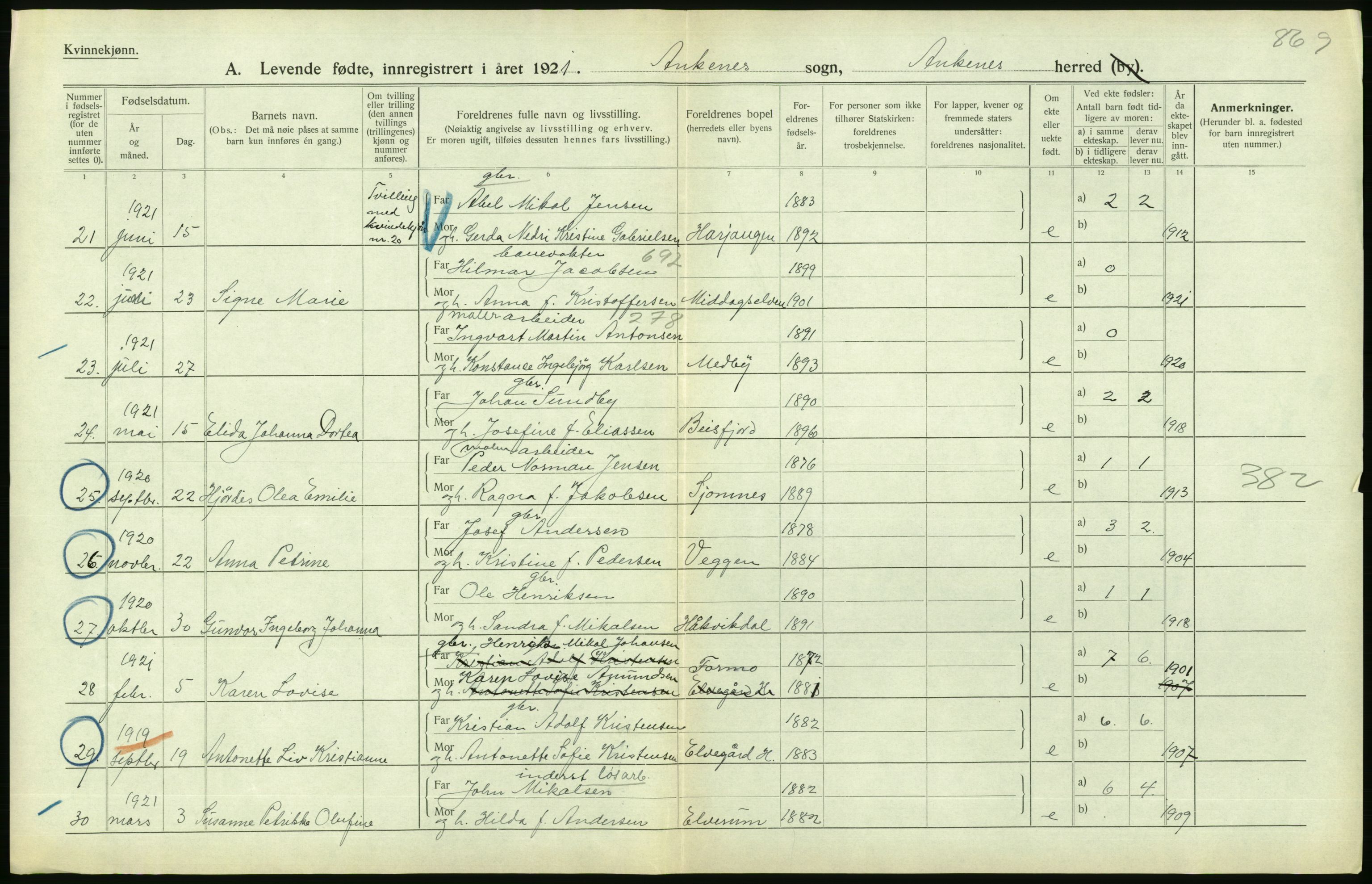 Statistisk sentralbyrå, Sosiodemografiske emner, Befolkning, AV/RA-S-2228/D/Df/Dfc/Dfca/L0049: Nordland fylke: Levendefødte menn og kvinner. Bygder., 1921, p. 272