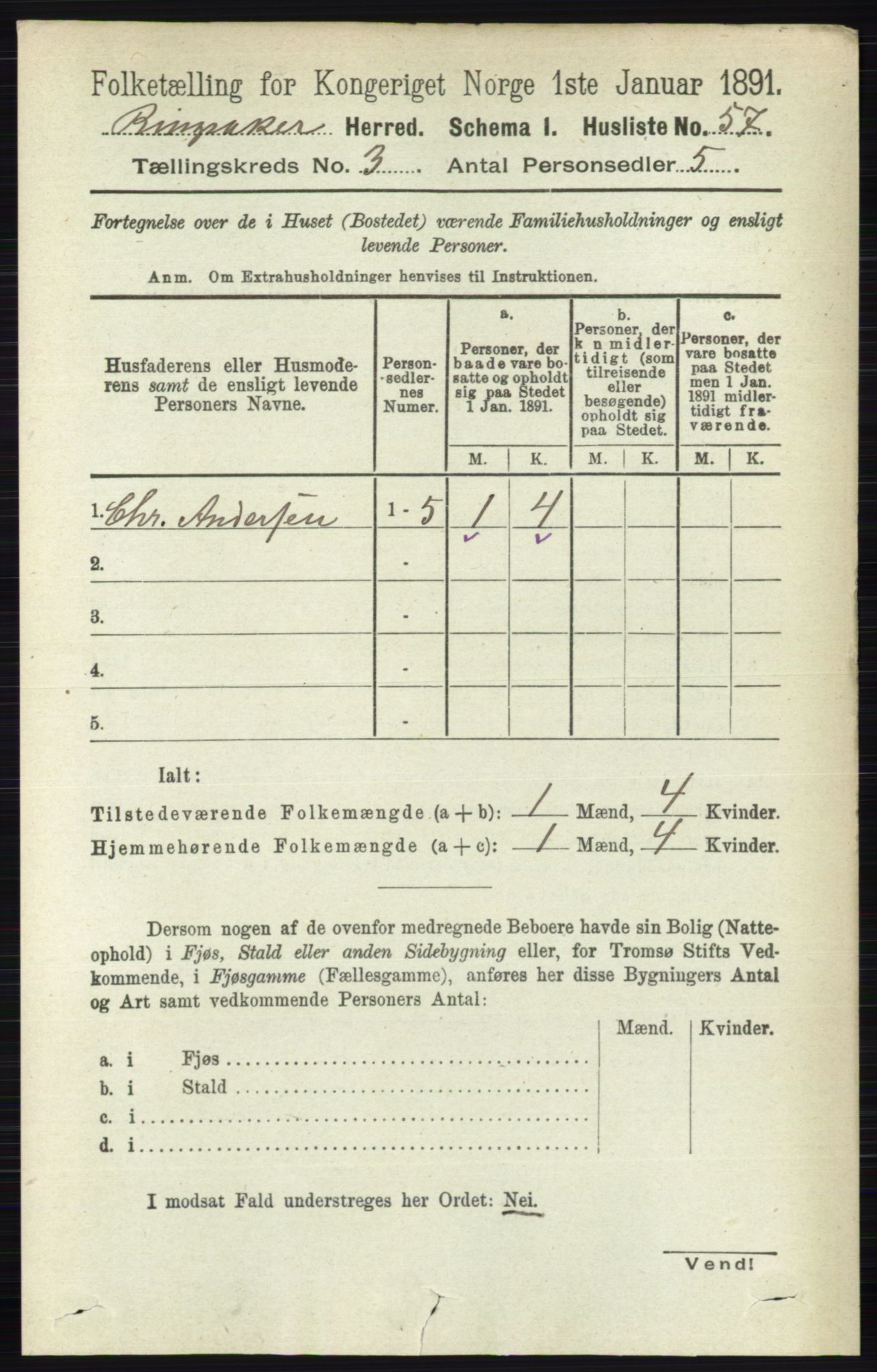 RA, 1891 census for 0412 Ringsaker, 1891, p. 1218