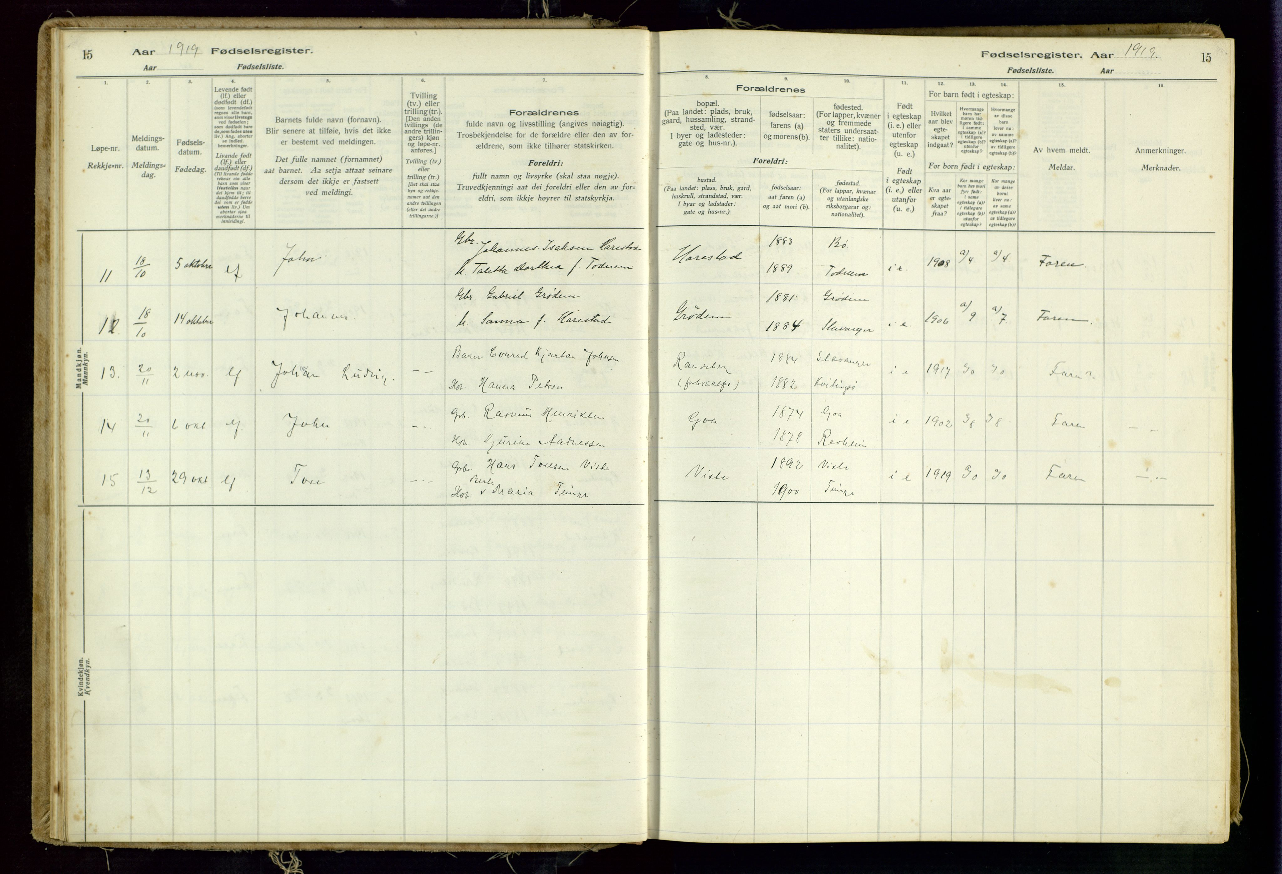 Hetland sokneprestkontor, AV/SAST-A-101826/70/704BA/L0001: Birth register no. 1, 1916-1954, p. 15