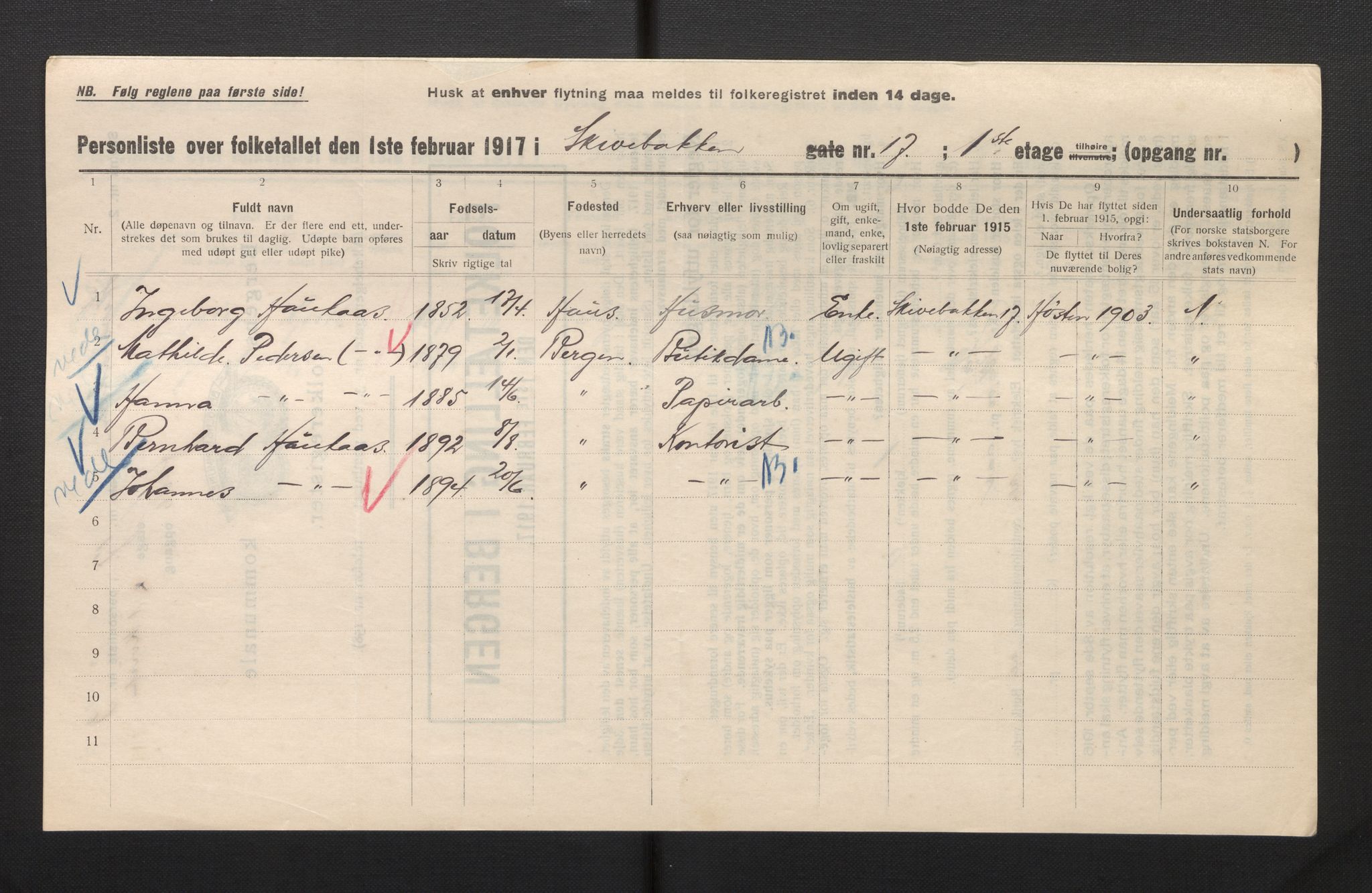 SAB, Municipal Census 1917 for Bergen, 1917, p. 34727