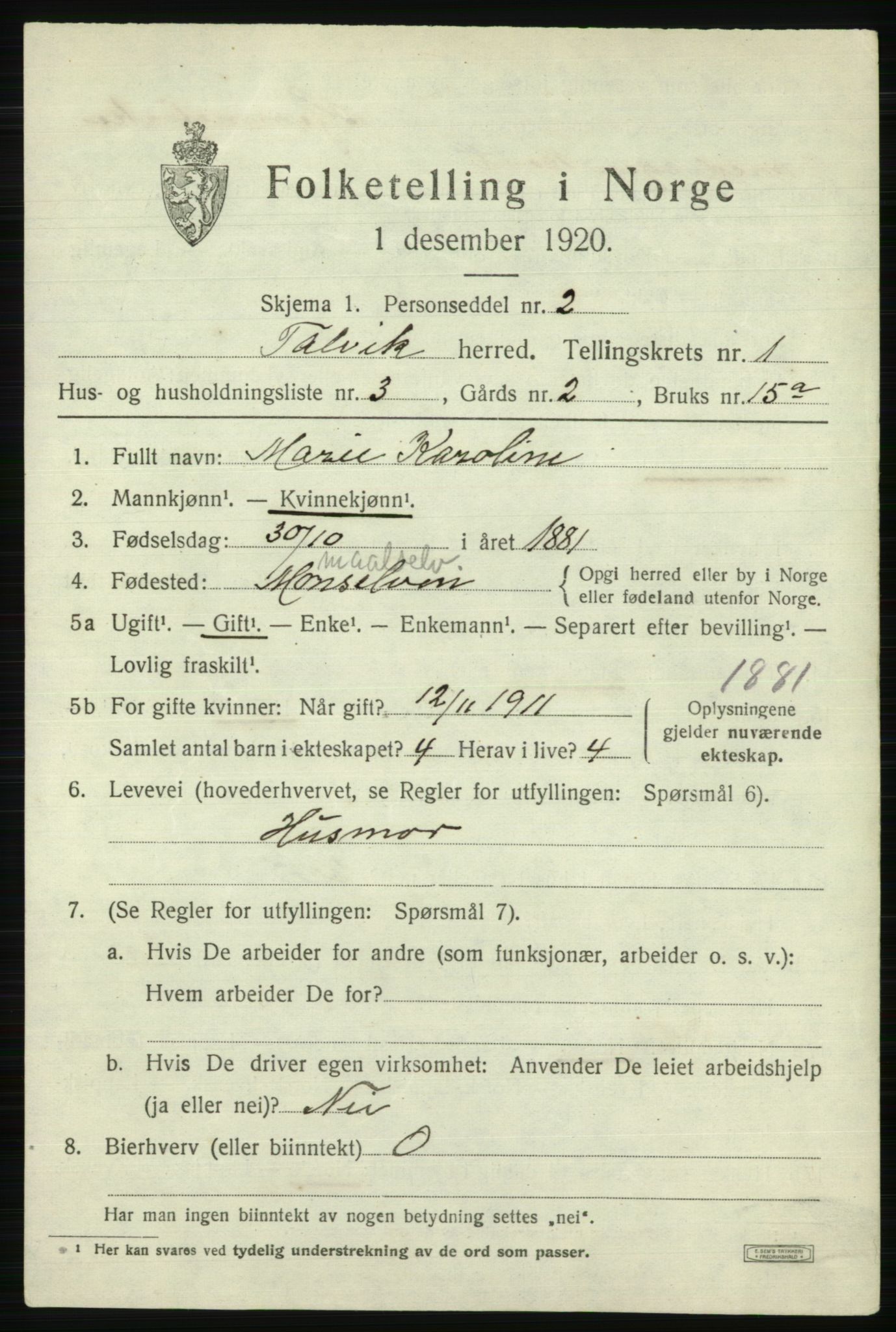 SATØ, 1920 census for Talvik, 1920, p. 1030