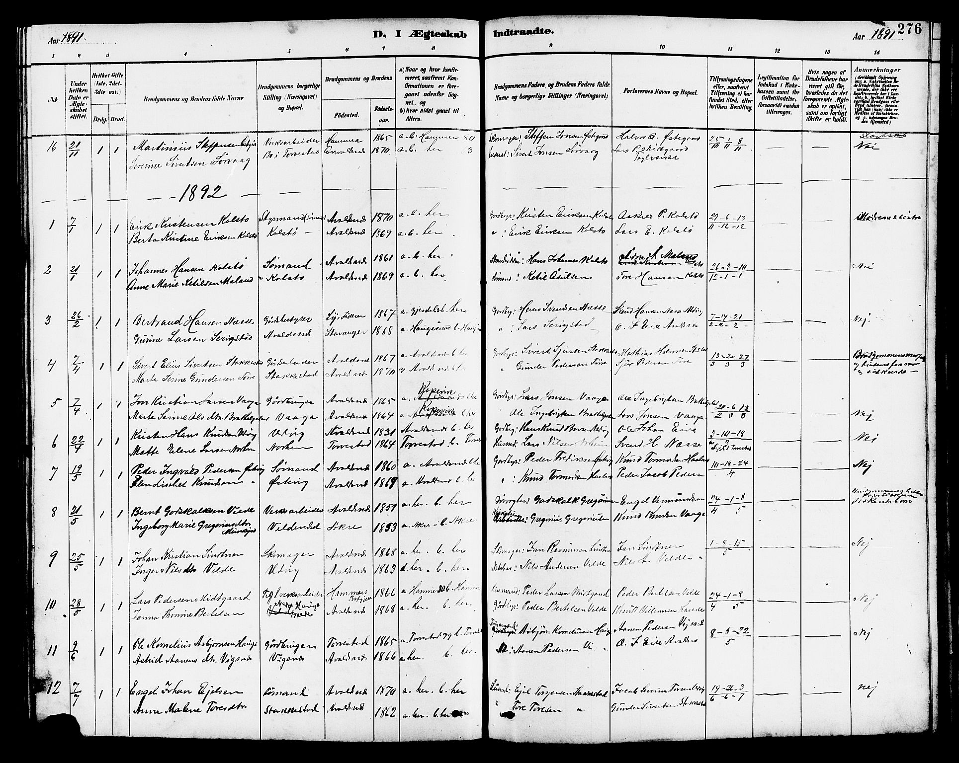 Avaldsnes sokneprestkontor, SAST/A -101851/H/Ha/Hab/L0007: Parish register (copy) no. B 7, 1885-1909, p. 276