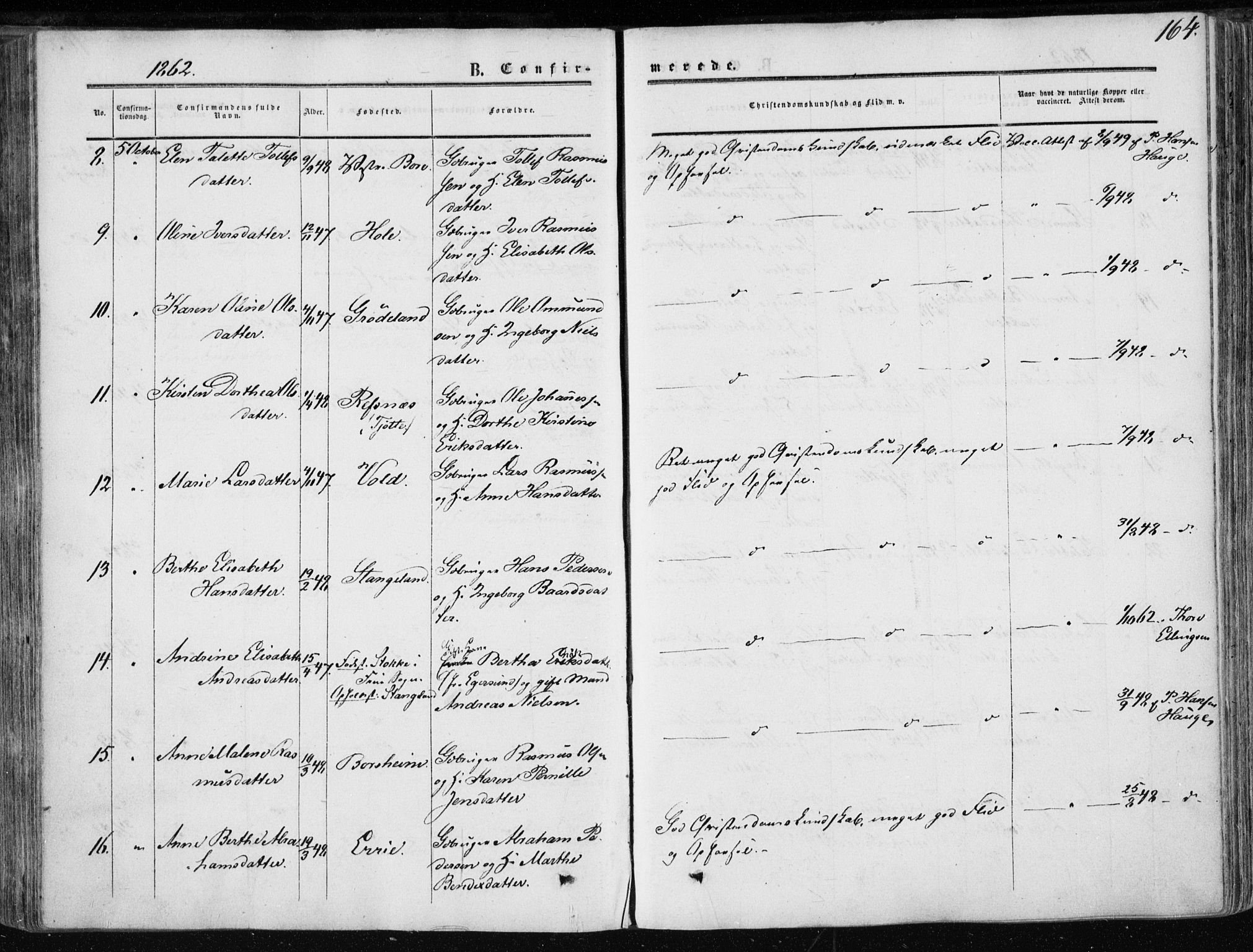 Klepp sokneprestkontor, AV/SAST-A-101803/001/3/30BA/L0005: Parish register (official) no. A 5, 1853-1870, p. 164