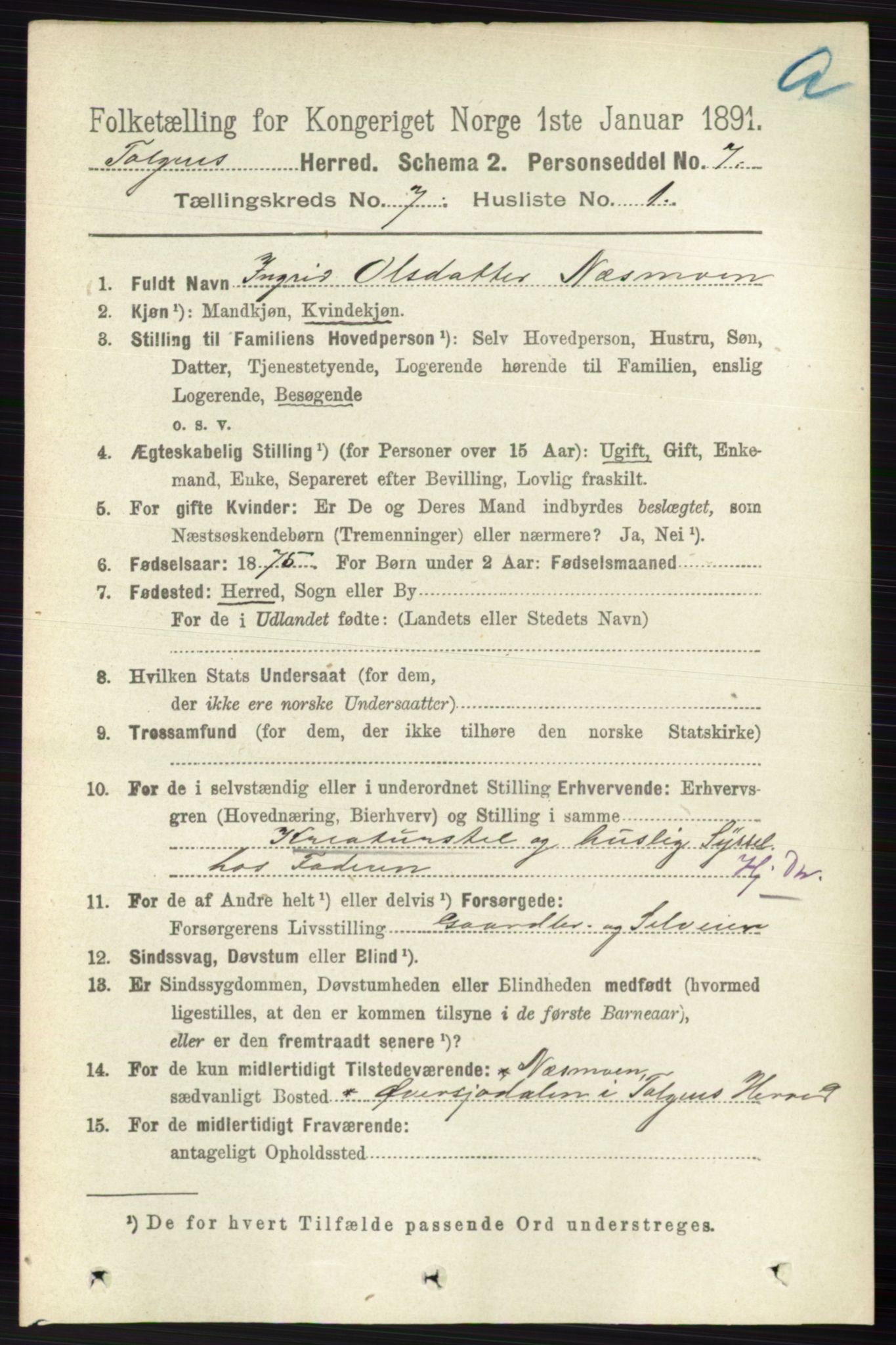 RA, 1891 census for 0436 Tolga, 1891, p. 2029