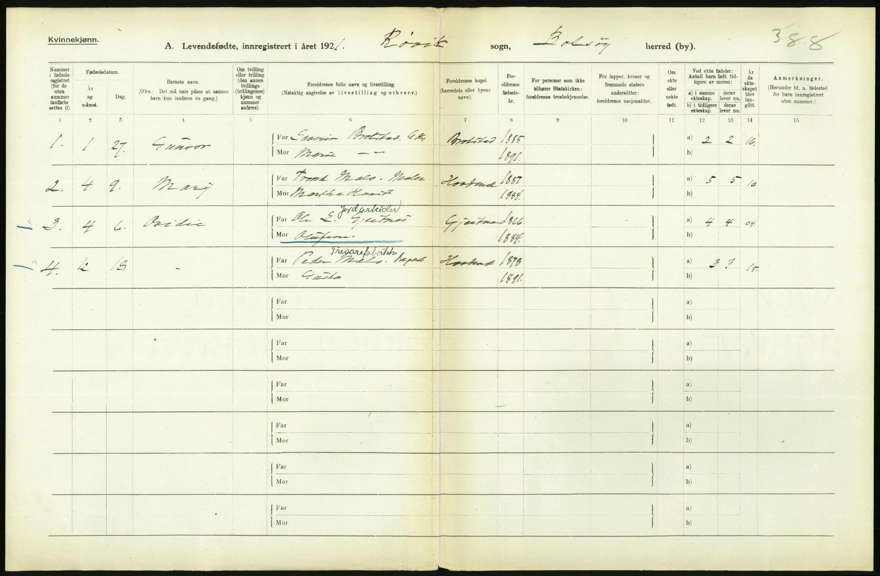 Statistisk sentralbyrå, Sosiodemografiske emner, Befolkning, AV/RA-S-2228/D/Df/Dfc/Dfca/L0040: Møre fylke: Levendefødte menn og kvinner. Bygder., 1921, p. 472