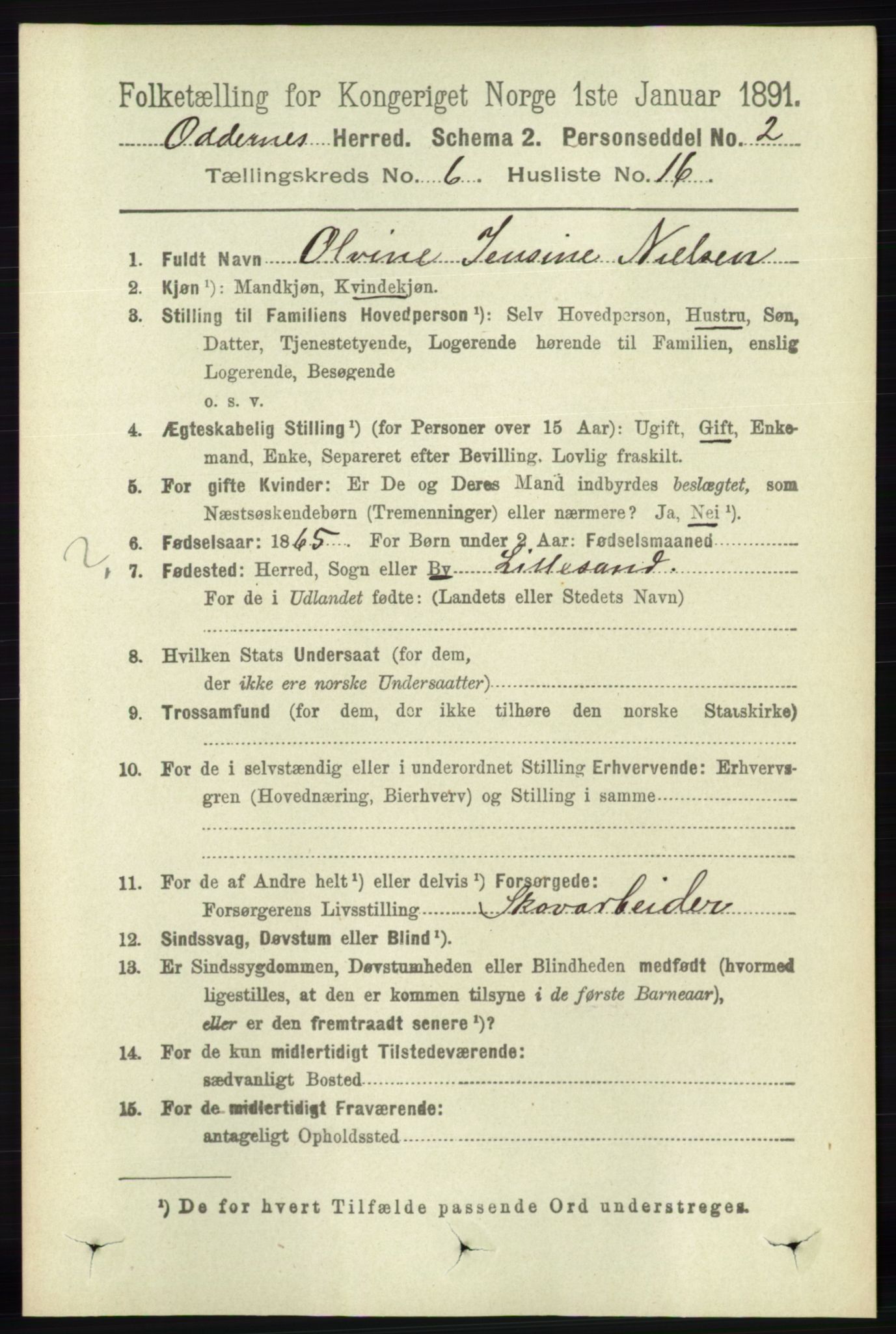 RA, 1891 census for 1012 Oddernes, 1891, p. 2284