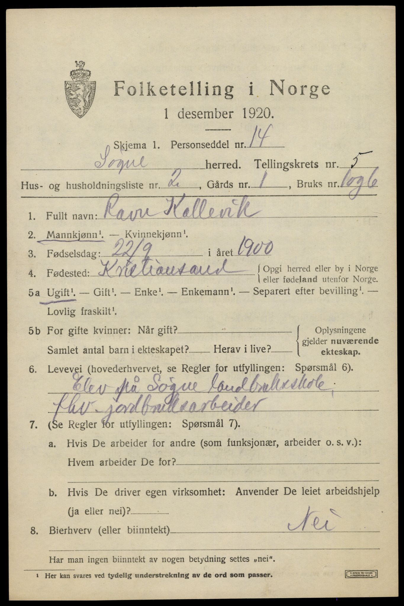 SAK, 1920 census for Søgne, 1920, p. 2207