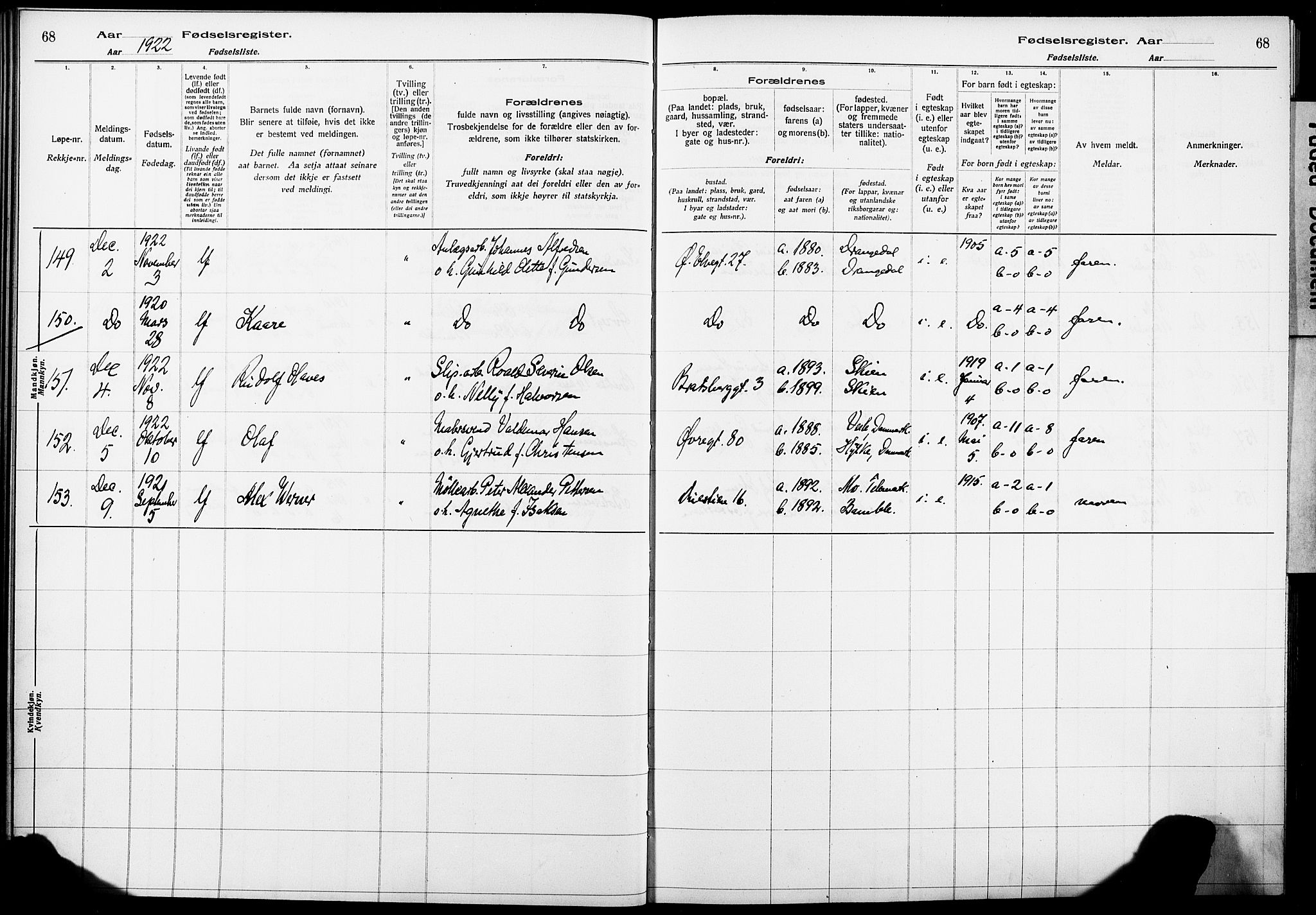 Skien kirkebøker, AV/SAKO-A-302/J/Ja/L0002: Birth register no. 2, 1921-1927, p. 68