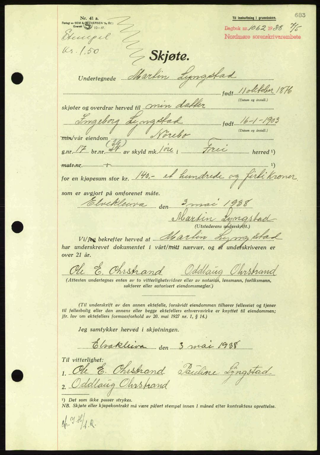 Nordmøre sorenskriveri, AV/SAT-A-4132/1/2/2Ca: Mortgage book no. A83, 1938-1938, Diary no: : 1062/1938