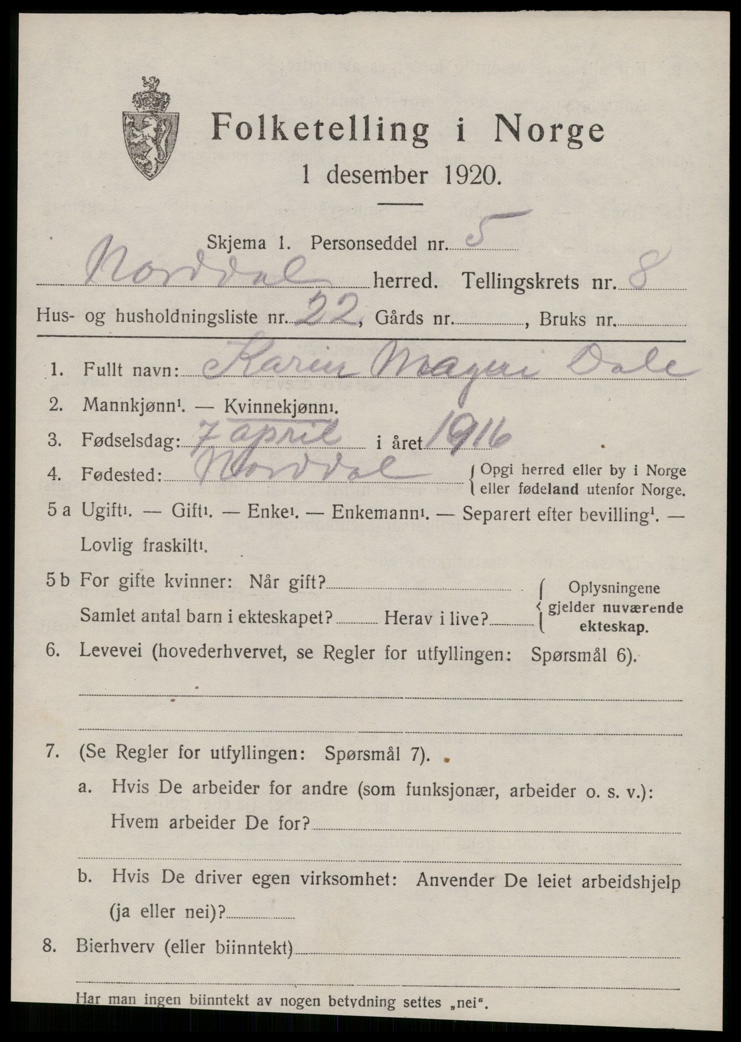 SAT, 1920 census for Norddal, 1920, p. 4273