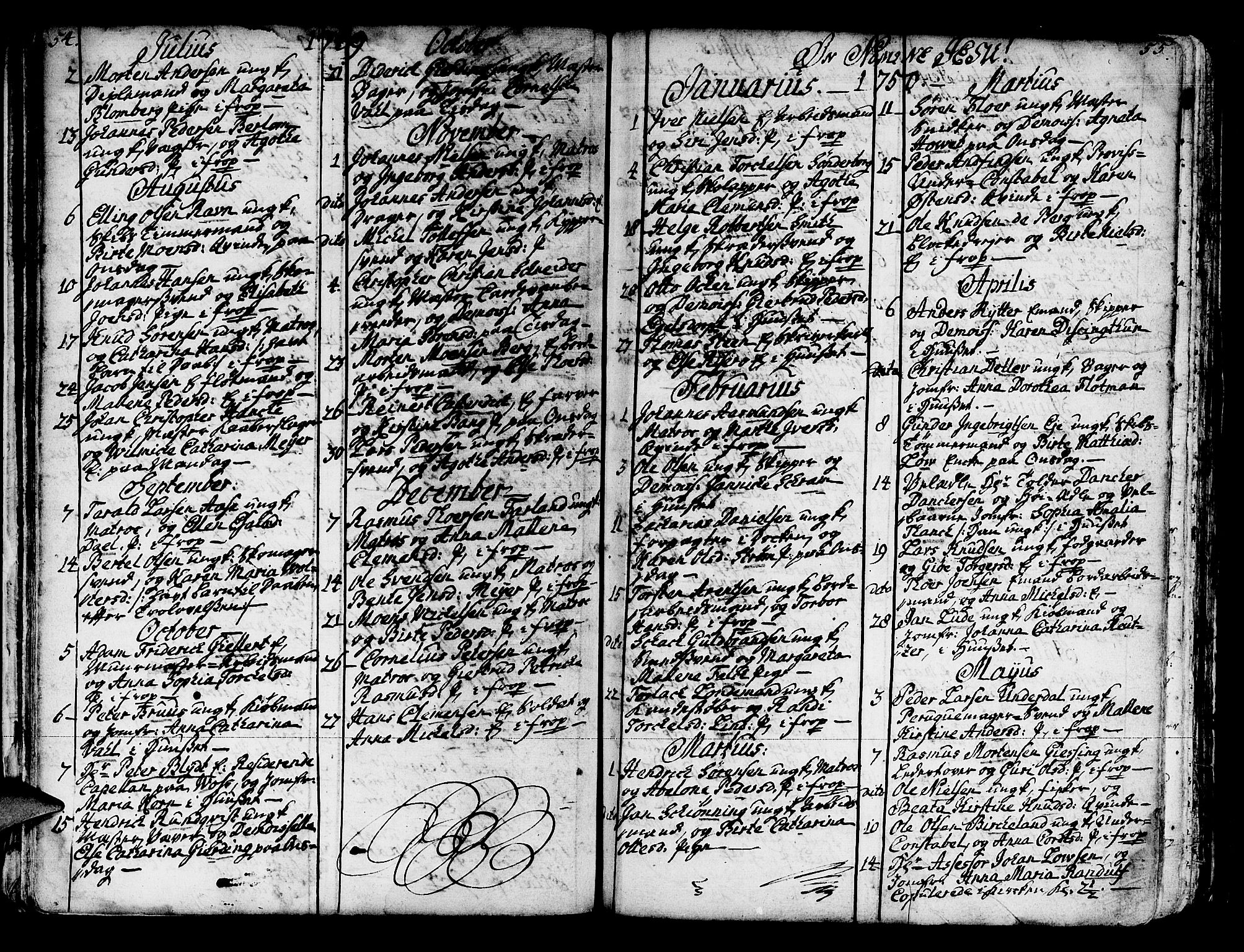 Domkirken sokneprestembete, SAB/A-74801/H/Haa/L0007: Parish register (official) no. A 7, 1725-1826, p. 54-55