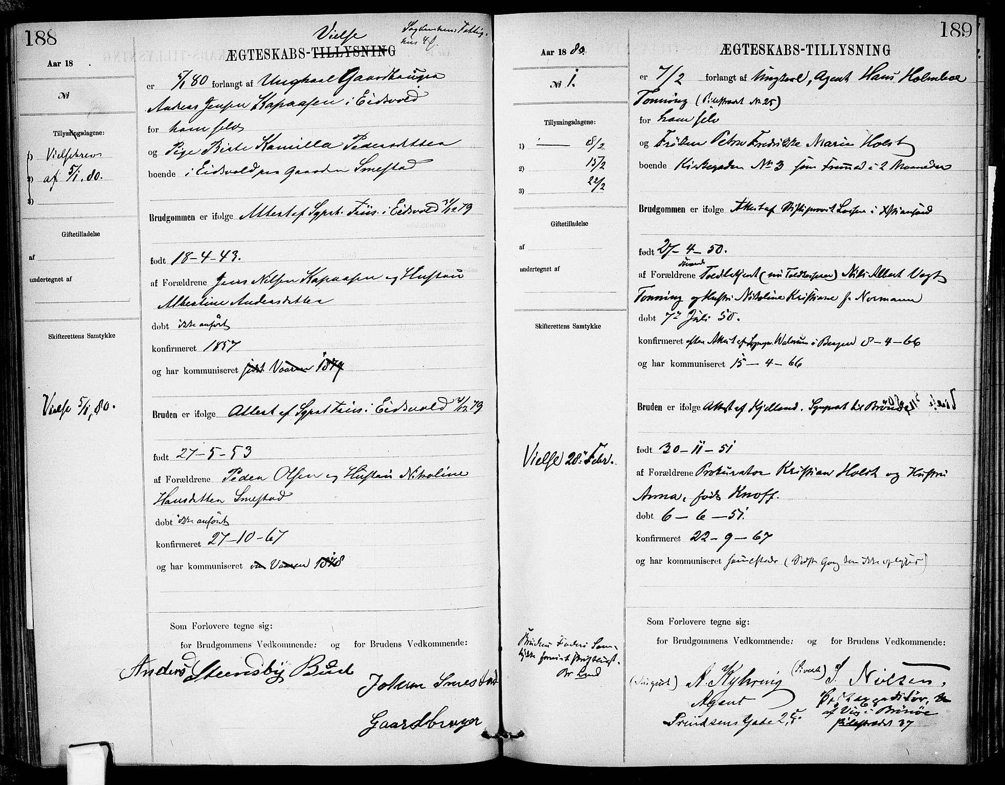 Garnisonsmenigheten Kirkebøker, SAO/A-10846/H/Ha/L0007: Banns register no. I 7, 1872-1893, p. 188-189