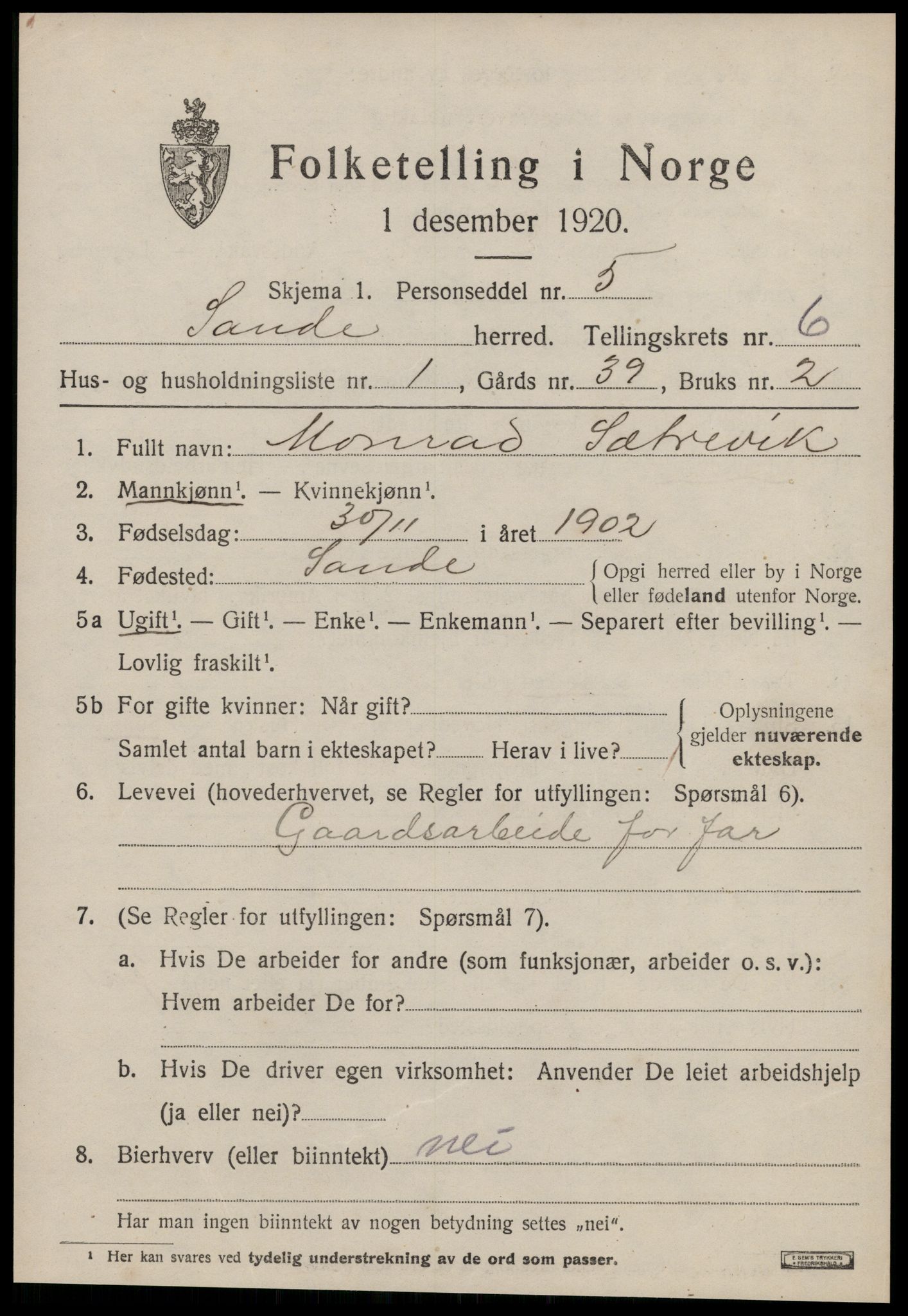 SAT, 1920 census for Sande (MR), 1920, p. 3534