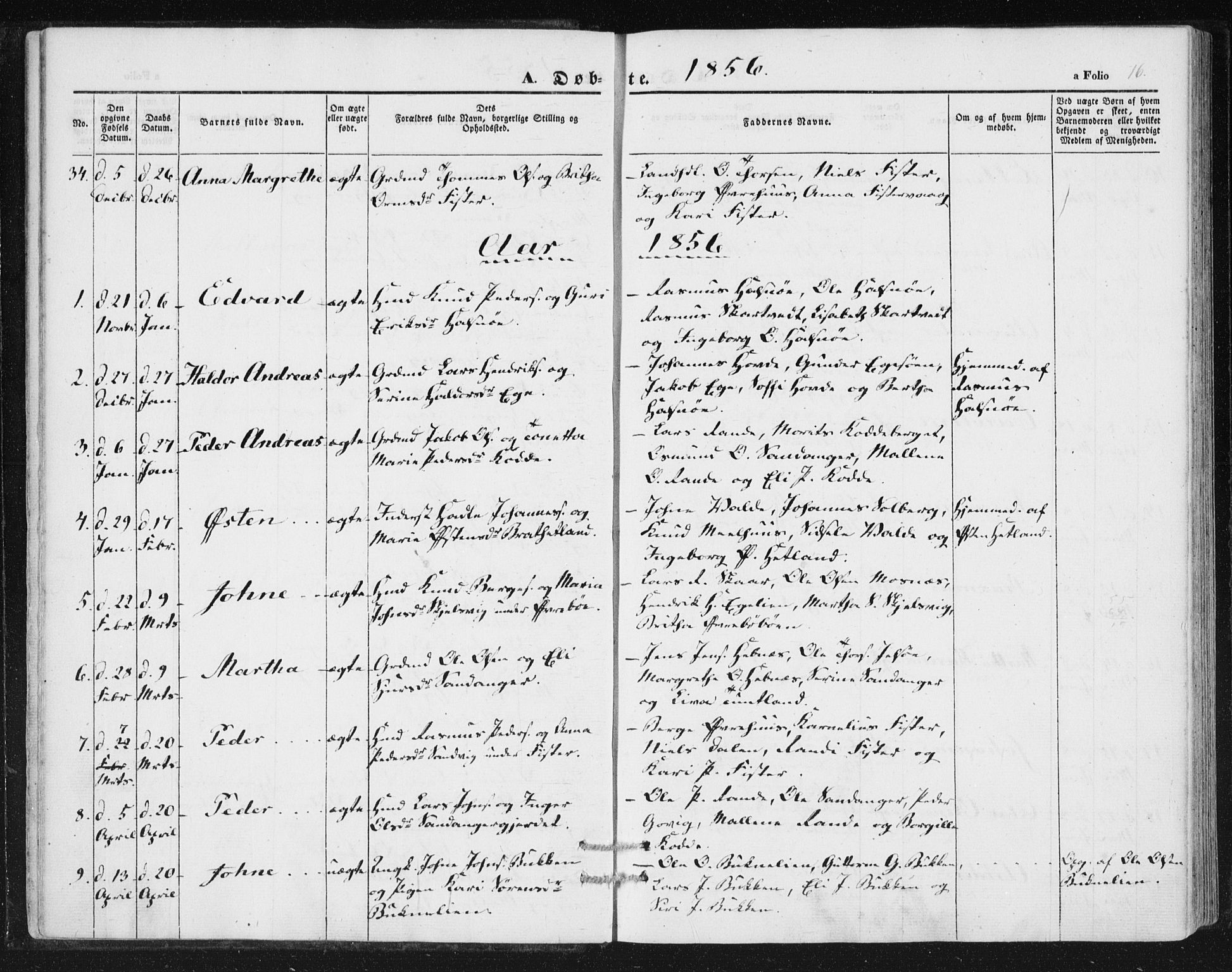 Hjelmeland sokneprestkontor, SAST/A-101843/01/IV/L0010: Parish register (official) no. A 10, 1851-1871, p. 16