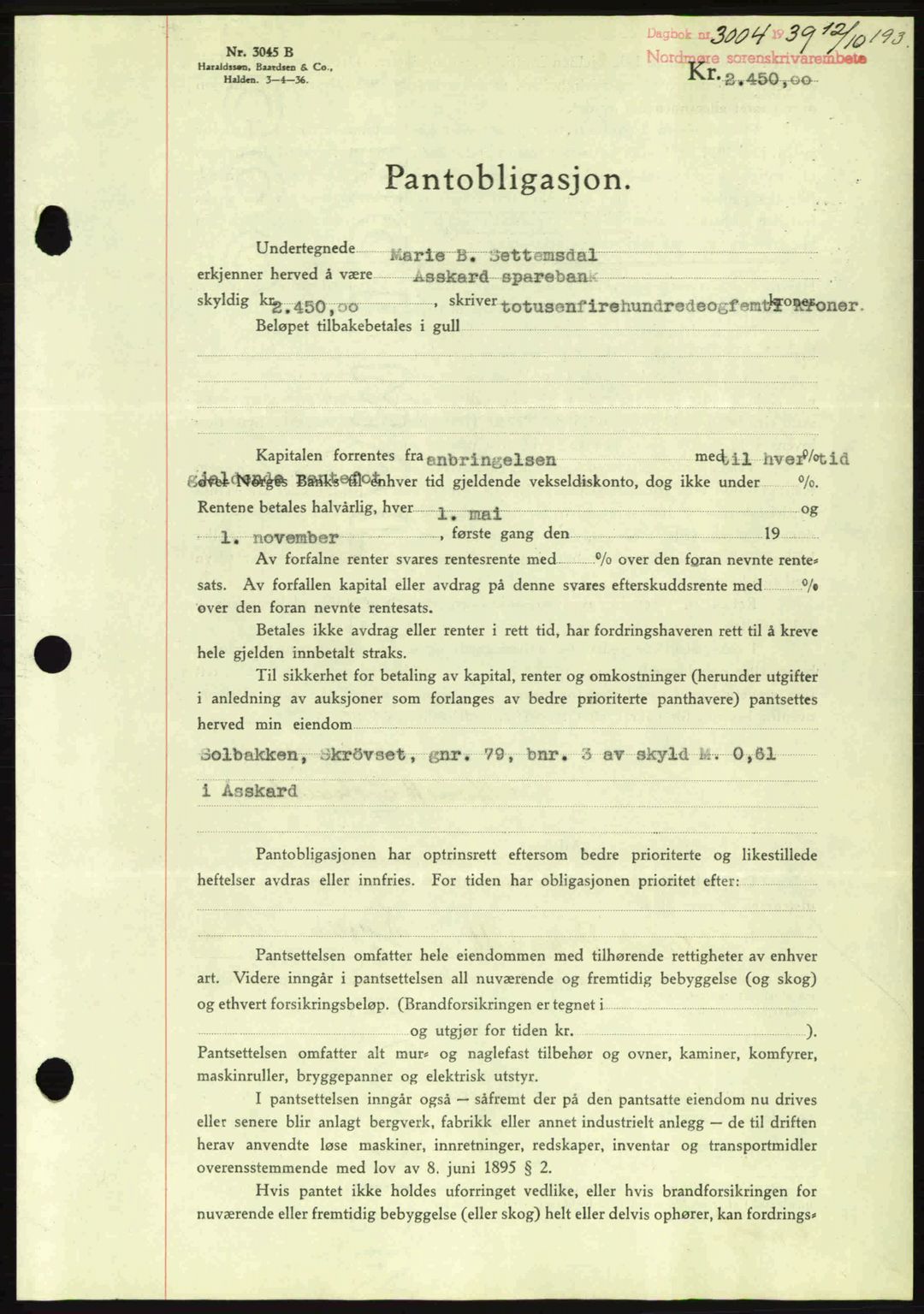 Nordmøre sorenskriveri, AV/SAT-A-4132/1/2/2Ca: Mortgage book no. B86, 1939-1940, Diary no: : 3004/1939