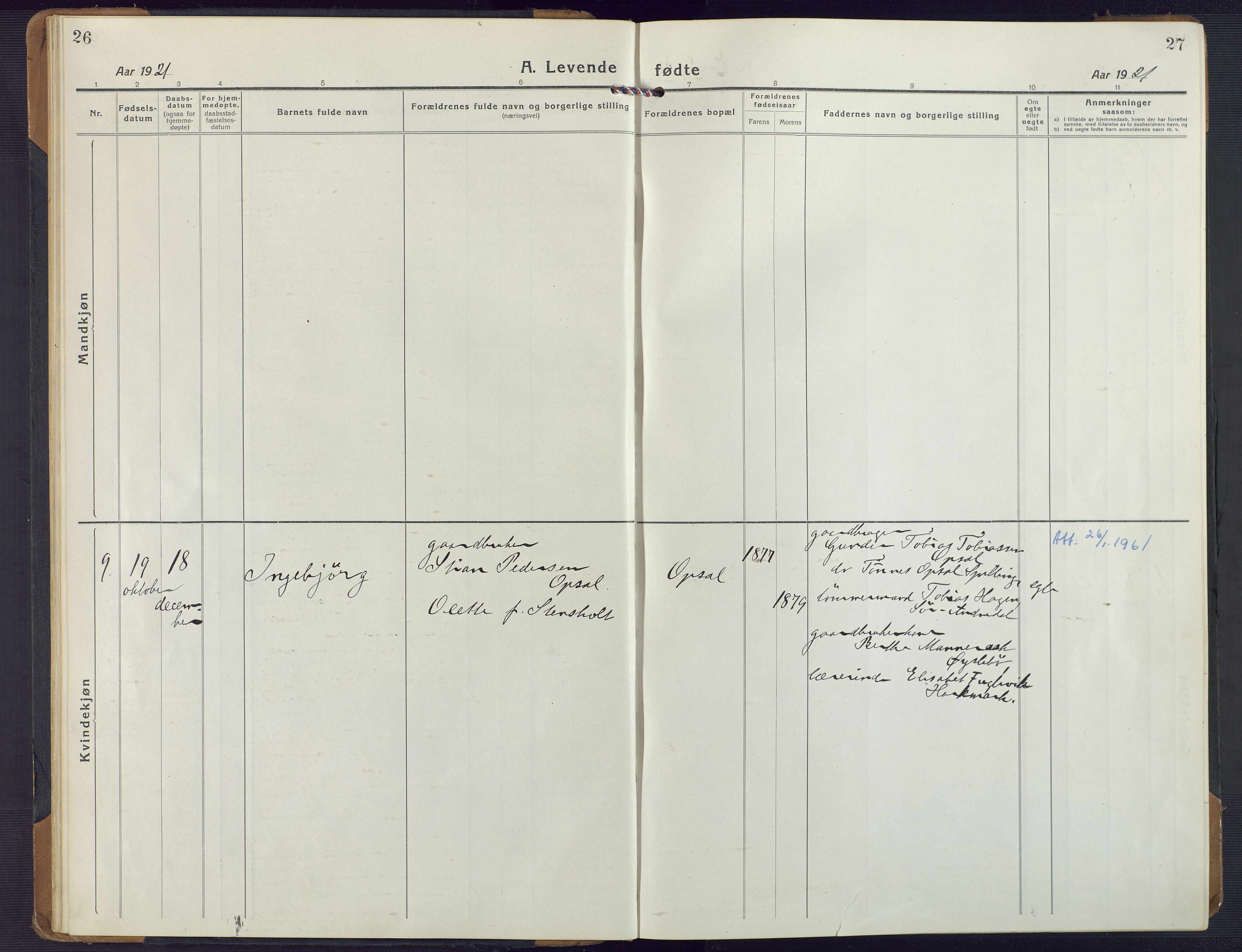 Nord-Audnedal sokneprestkontor, AV/SAK-1111-0032/F/Fa/Fab/L0005: Parish register (official) no. A 5, 1918-1925, p. 26-27